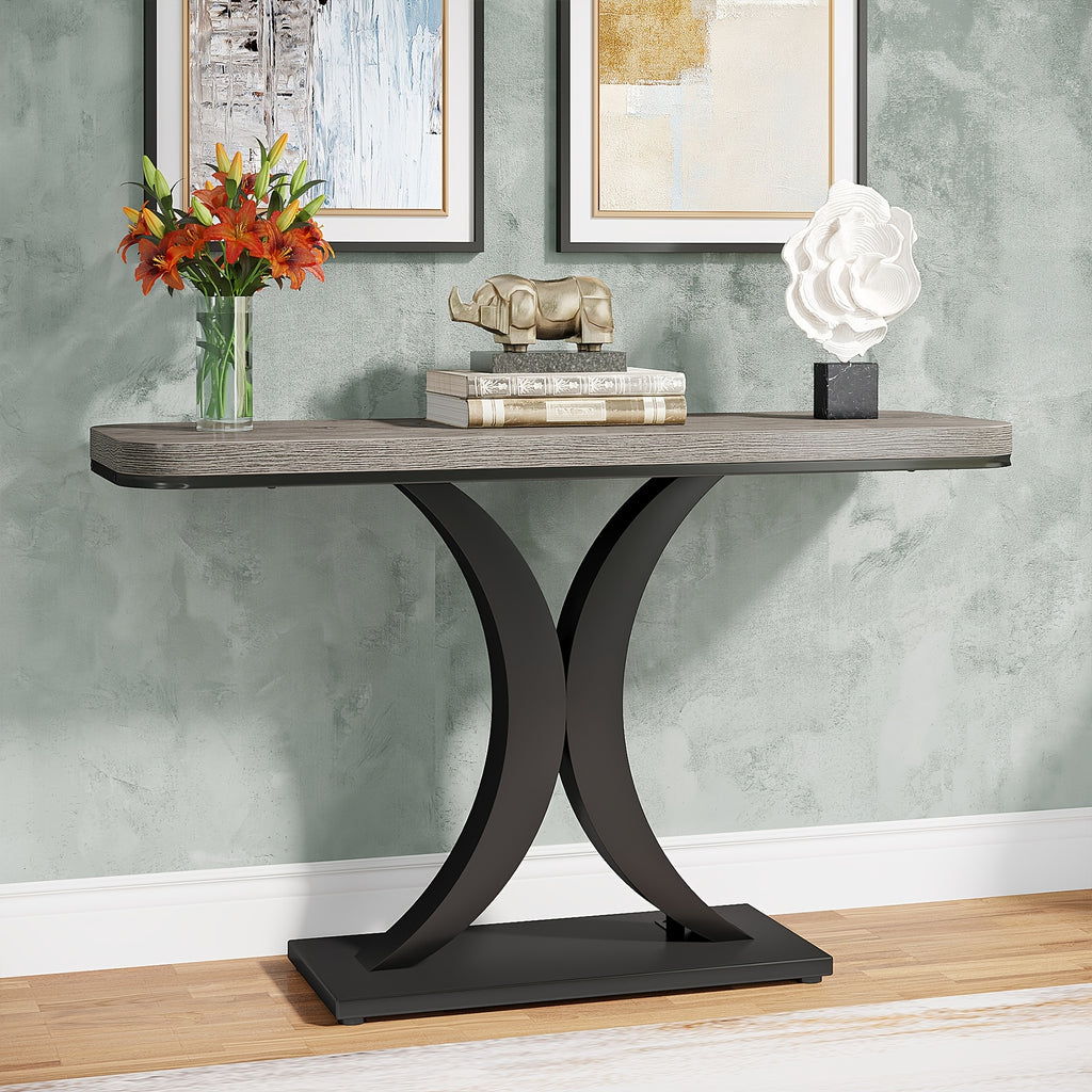 Industrial Console Table Sofa Table, 40 Inch Narrow Entryway Foyer Table With Geometric Base, Rustic Hallway Accent Table For Living Room, Entrance, Small Space, Gray And Black, Christmas Renewals