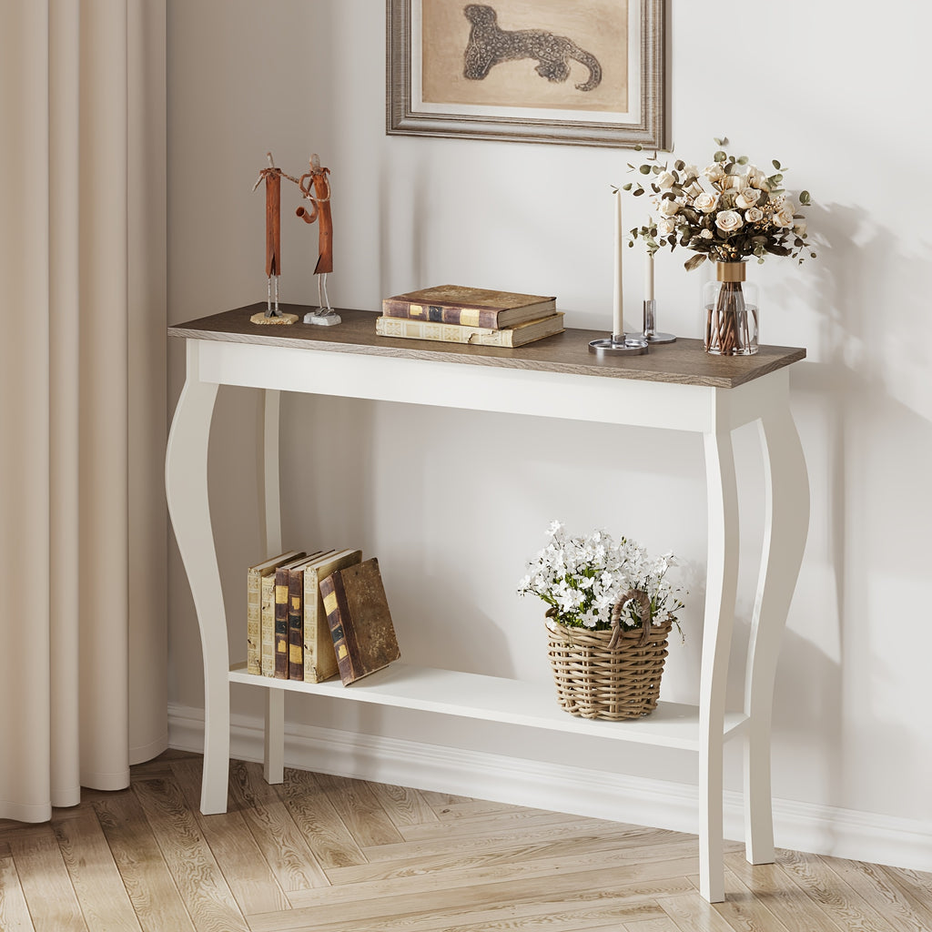 Farmhouse Console Sofa Table With S-Shape Wooden Legs, Chic Accent Narrow Console Table With Sturdy Frame And Open Shelf For Entryway, Living Room And Hallway, Space-Saving Design, Versatile And Easy To Assemble