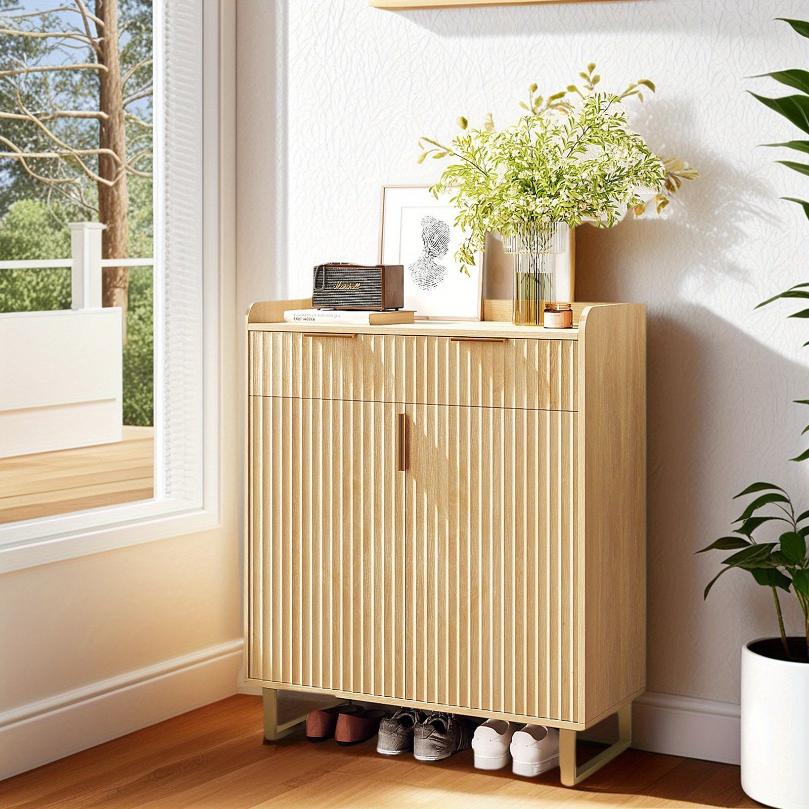 Bonnlo 4-Tier Large Shoe Storage Cabinet with Adjustable Shelves & Drawer, Freestanding Shoe Organizer with Doors - Sturdy Hardwood Construction, Golden Metal Legs, Classic Modern Design with Doors & Golden Frame, Space-Saving Shoe Rack for Entryway