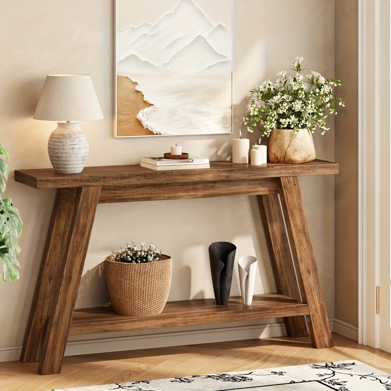 55 Inch Farmhouse Console Entrance Table Solid Wood 2 Tier Narrow Sofa Table for Living Room Dining Hallway, Perfect for Country Entrance Table in Living Room