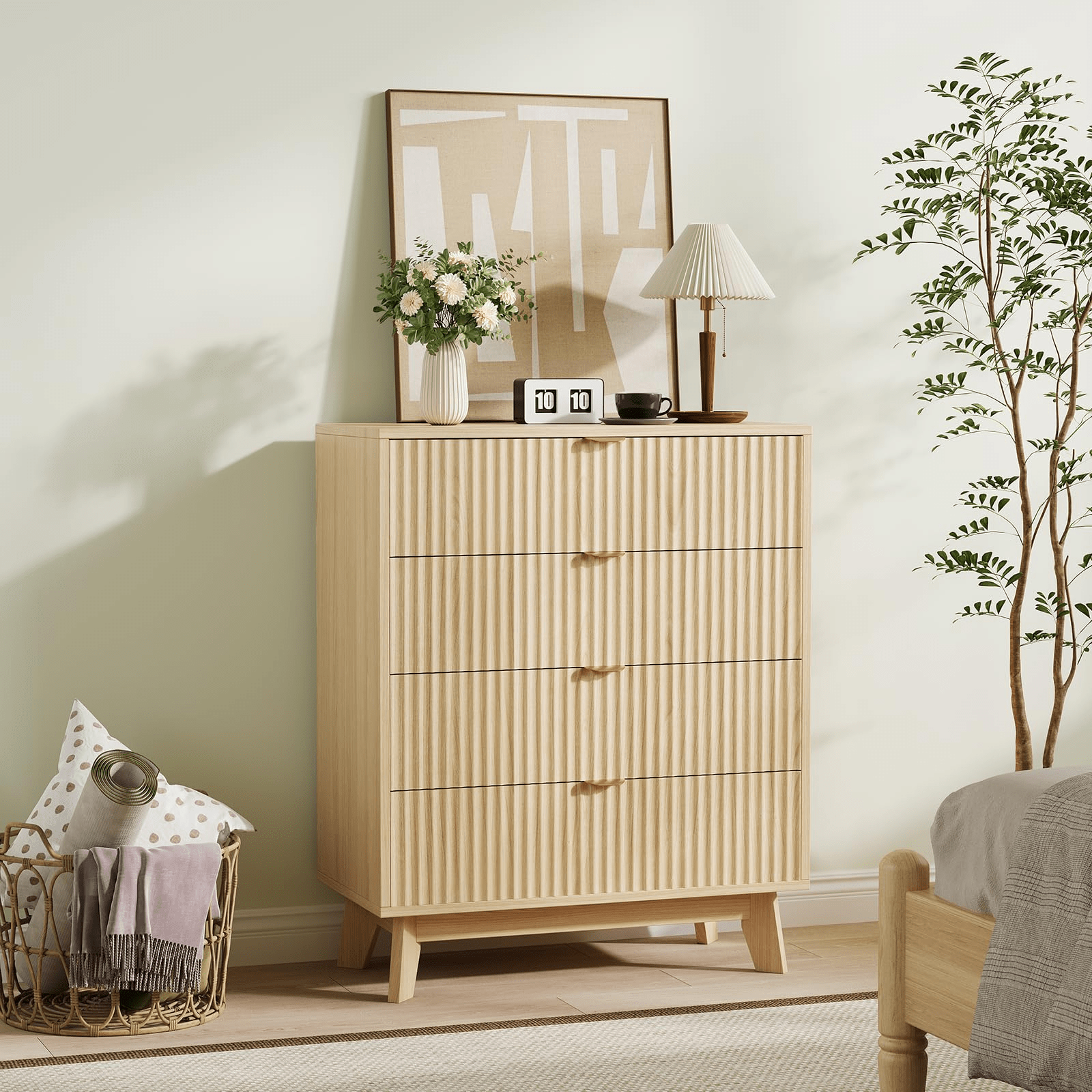Storage Cabinets, Mid Century Modern 4 Drawer Dresser Set of 2 with Waveform Fluted Side Table, 32 Inch Tall Natural Oak Finish, Wood Drawer Organizer for Bedroom, Living Room, Hallway, Durable Storage Cabinet for Bedroom, Living Room, or Entryway