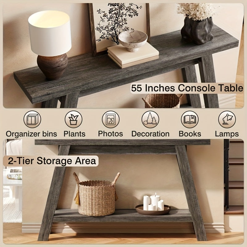 55 Inch Farmhouse Console Entrance Table Solid Wood 2 Tier Narrow Sofa Table for Living Room Dining Hallway, Perfect for Country Entrance Table in Living Room