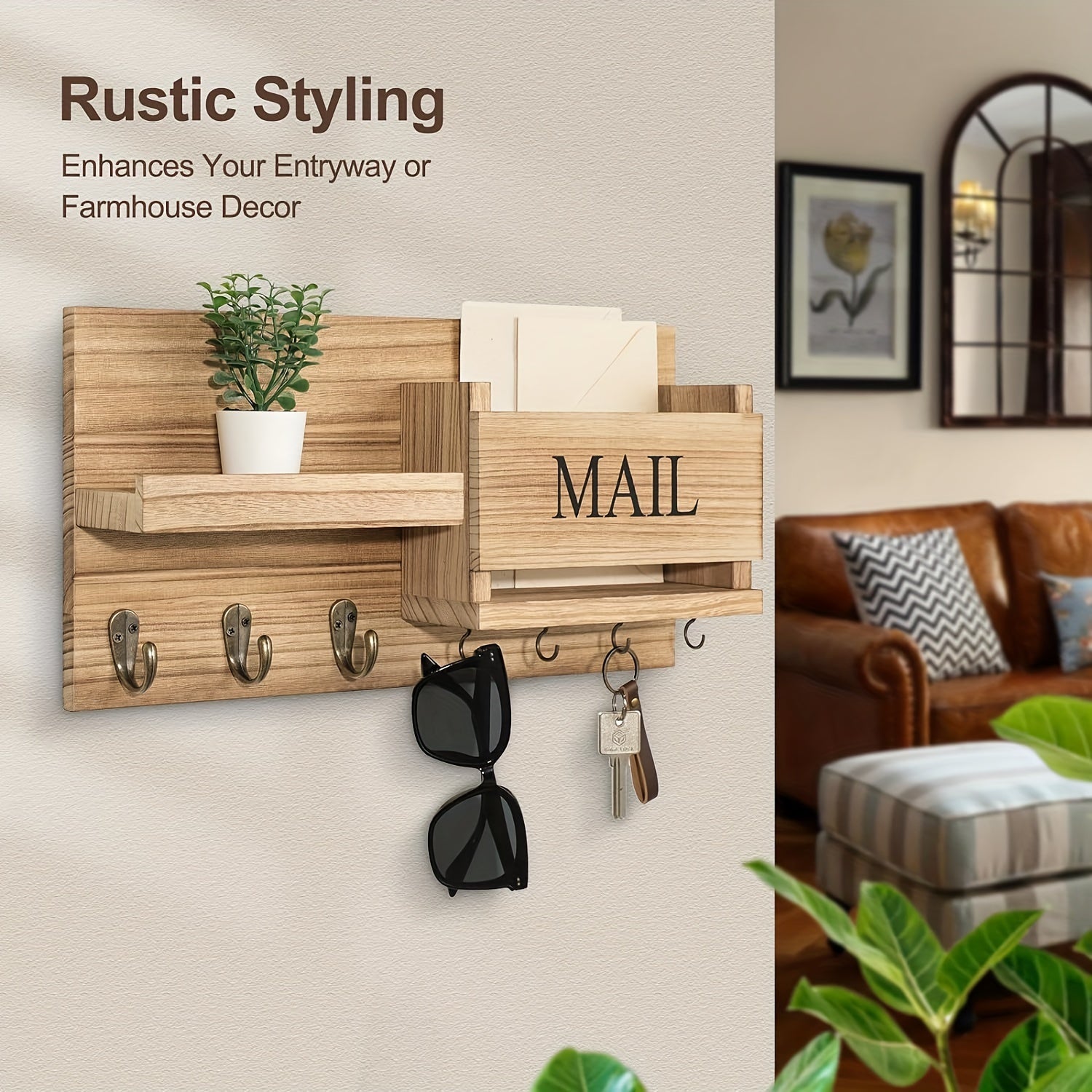 Rustic Wood Wall Mounted Storage Rack with Mailbox Slot - Door Handles And Decorative Hanging for Porch, Bedroom, Bathroom, Living Room with Multiple Hooks for Keys, Hats, Envelopes, Books, Floating Shelf
