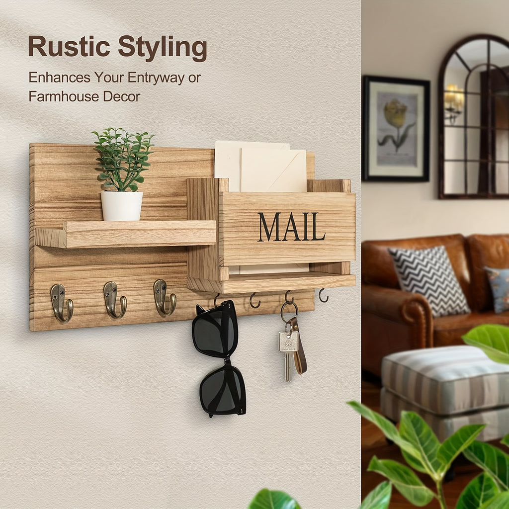 A Wooden Wall-Mounted Key Holder with a Mail Storage Box, Storage Rack, Wall Rack, Wall-Hanging Coat Hook, Folding Hanging Storage Rack, Solid Wood Clothes Hanger, Coat Rack, Bedroom, Foyer, Mud Room, Aesthetic Room Decoration
