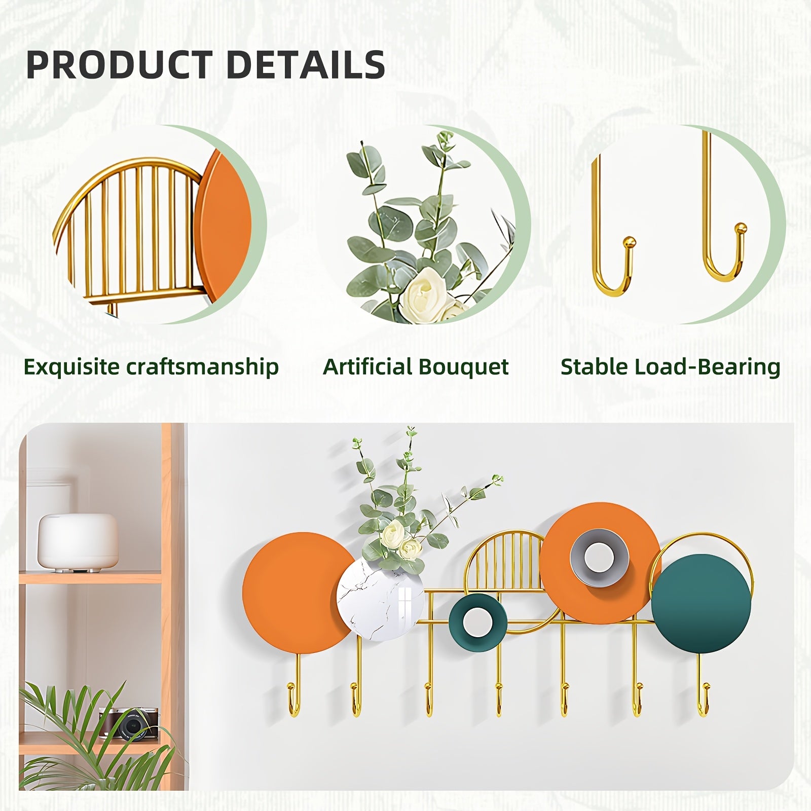 Geometric Colorful Wall Coat Rack with Metal Hooks - Entryway & Living Room Decorative Storage Organizer, Multifunctional Stylish Wall Hanger for Coats, Scarves, Bags- Thanksgiving, Valentine's Day, Cinco De Mayo with Flowers