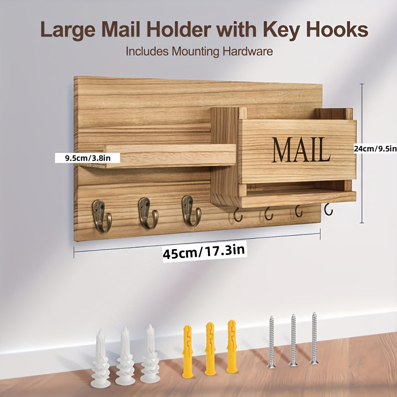 Rustic Wood Wall Mounted Storage Rack with Mailbox Slot - Door Handles And Decorative Hanging for Porch, Bedroom, Bathroom, Living Room with Multiple Hooks for Keys, Hats, Envelopes, Books, Floating Shelf