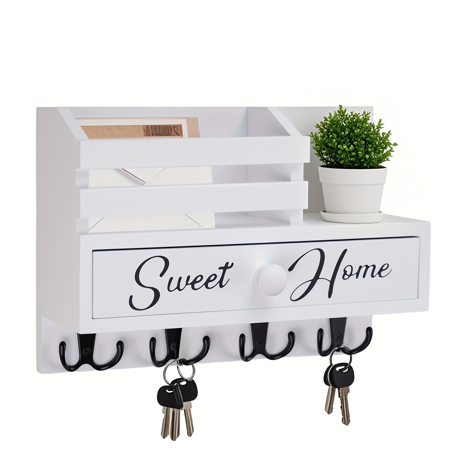 Key And Mail Holder Wall Mount with 8 Hooks & Storage Drawer - Wooden Adhesive Organizer for Entryway, Kitchen, Hallway, Garage, Mudroom, Office - Easy Installation Home Decor