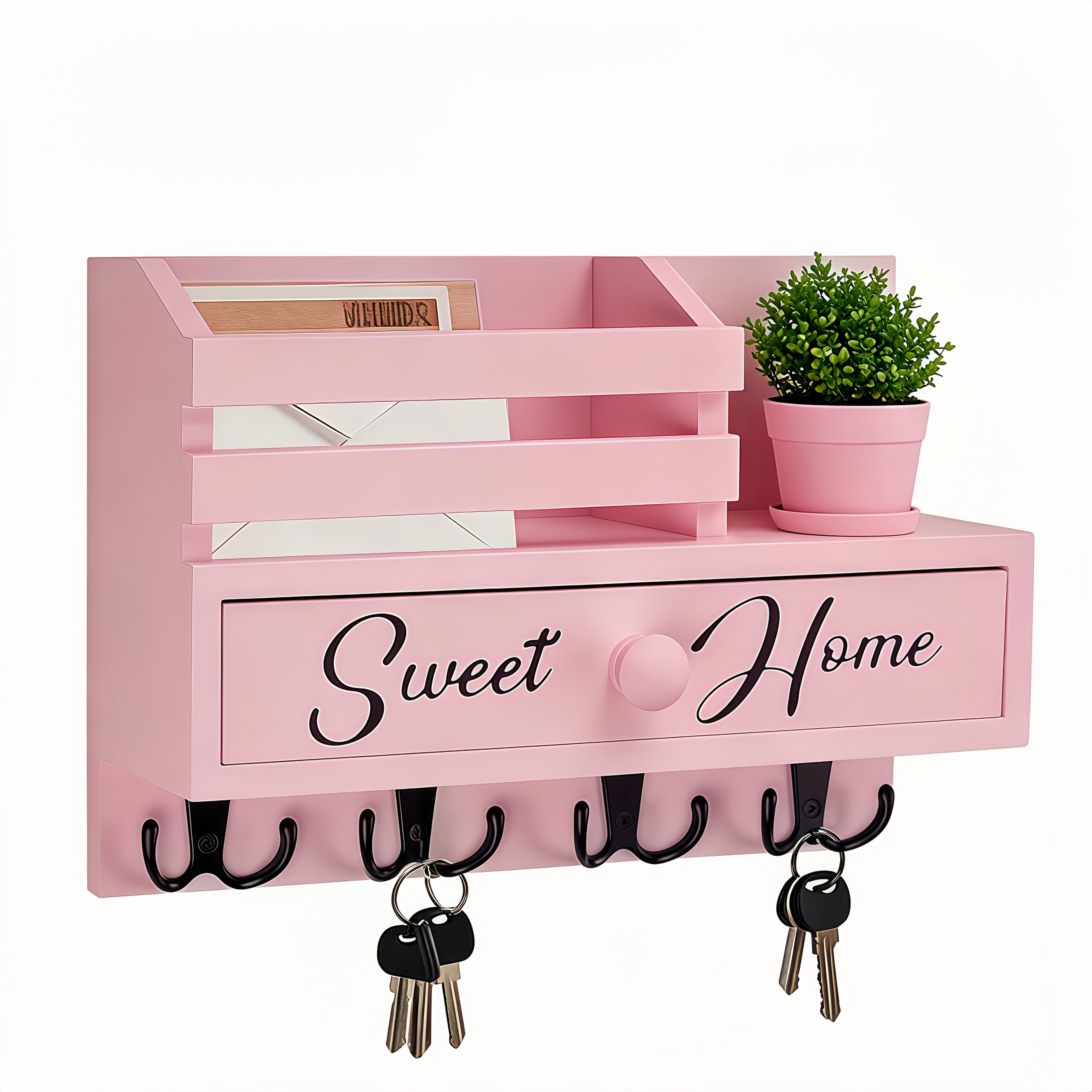 Key And Mail Holder Wall Mount with 8 Hooks & Storage Drawer - Wooden Adhesive Organizer for Entryway, Kitchen, Hallway, Garage, Mudroom, Office - Easy Installation Home Decor