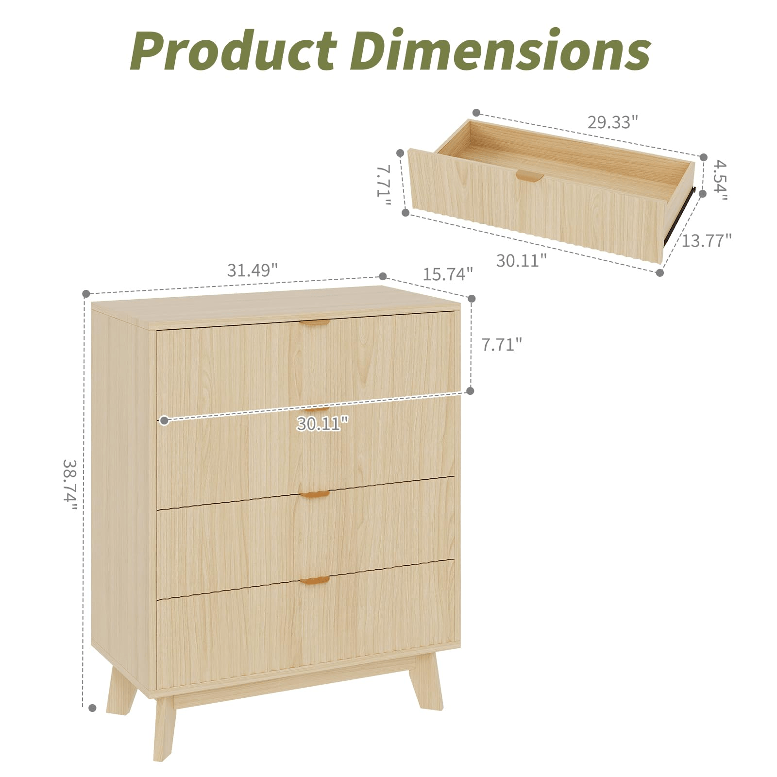 Storage Cabinets, Mid Century Modern 4 Drawer Dresser Set of 2 with Waveform Fluted Side Table, 32 Inch Tall Natural Oak Finish, Wood Drawer Organizer for Bedroom, Living Room, Hallway, Durable Storage Cabinet for Bedroom, Living Room, or Entryway