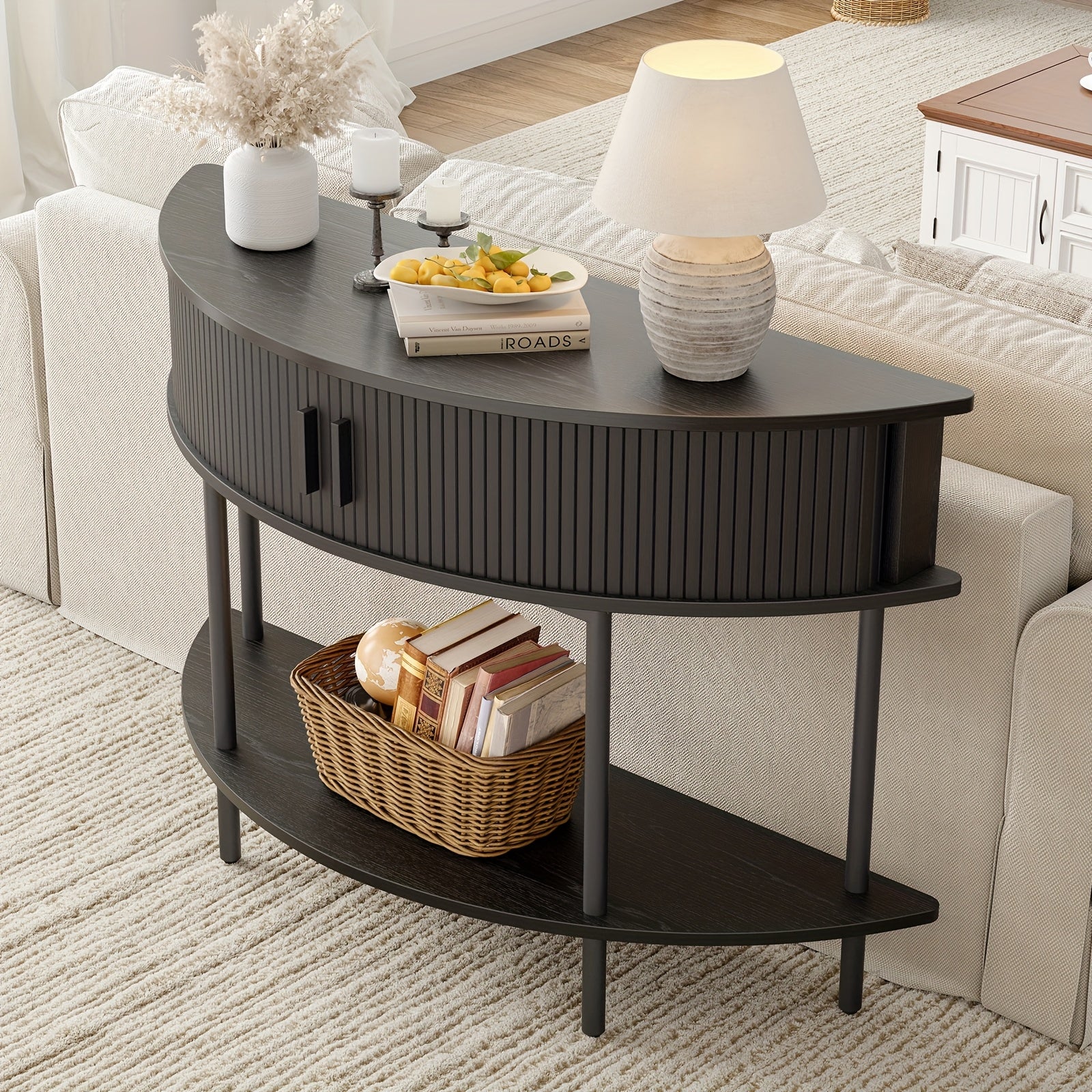 Half Fluted Console Table | Mid-Century Modern Style, Entryway Table with Storage, Behind Couch Table, Suitable for Entryway, Hallway, Living Room, Small Spaces, Walnut\u002FBlack, Made of Hardwood by PAZCASA