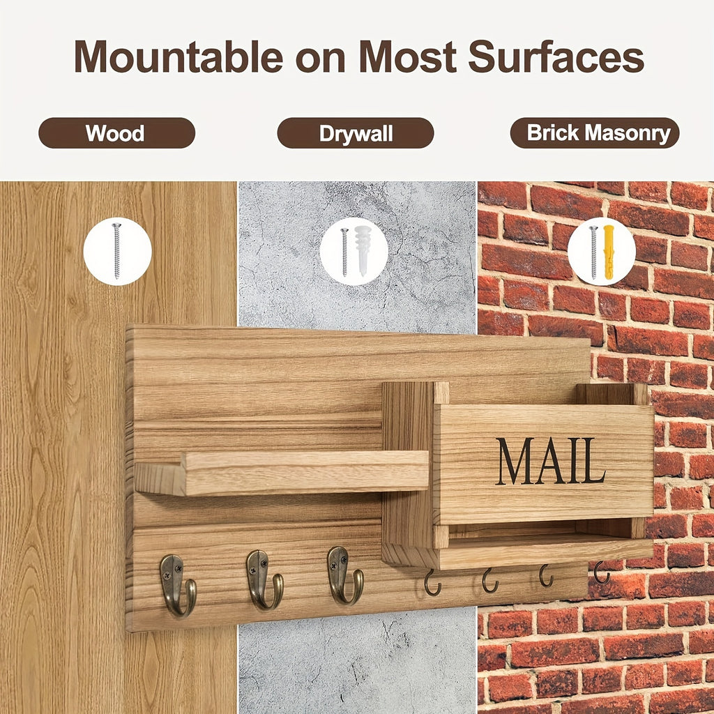 A Wooden Wall-Mounted Key Holder with a Mail Storage Box, Storage Rack, Wall Rack, Wall-Hanging Coat Hook, Folding Hanging Storage Rack, Solid Wood Clothes Hanger, Coat Rack, Bedroom, Foyer, Mud Room, Aesthetic Room Decoration