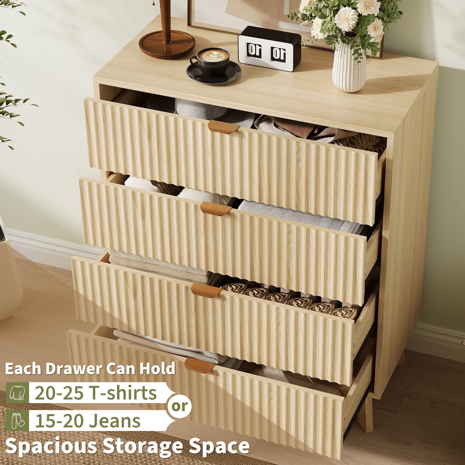 Storage Cabinets, Mid Century Modern 4 Drawer Dresser Set of 2 with Waveform Fluted Side Table, 32 Inch Tall Natural Oak Finish, Wood Drawer Organizer for Bedroom, Living Room, Hallway, Durable Storage Cabinet for Bedroom, Living Room, or Entryway