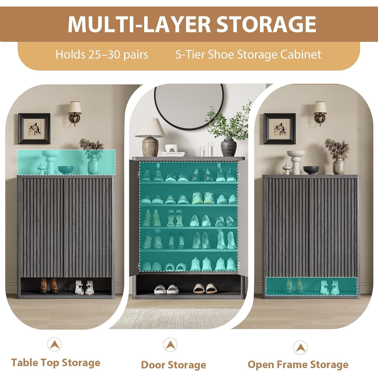 63 Inch Shoe Cabinet, Large Shoe Storage Cabinet with Adjustable Shelves, Shoe Organizer with Fluted Door Holds 50–60 Pairs for Entryway & Living Room, Grey (2 PCS)