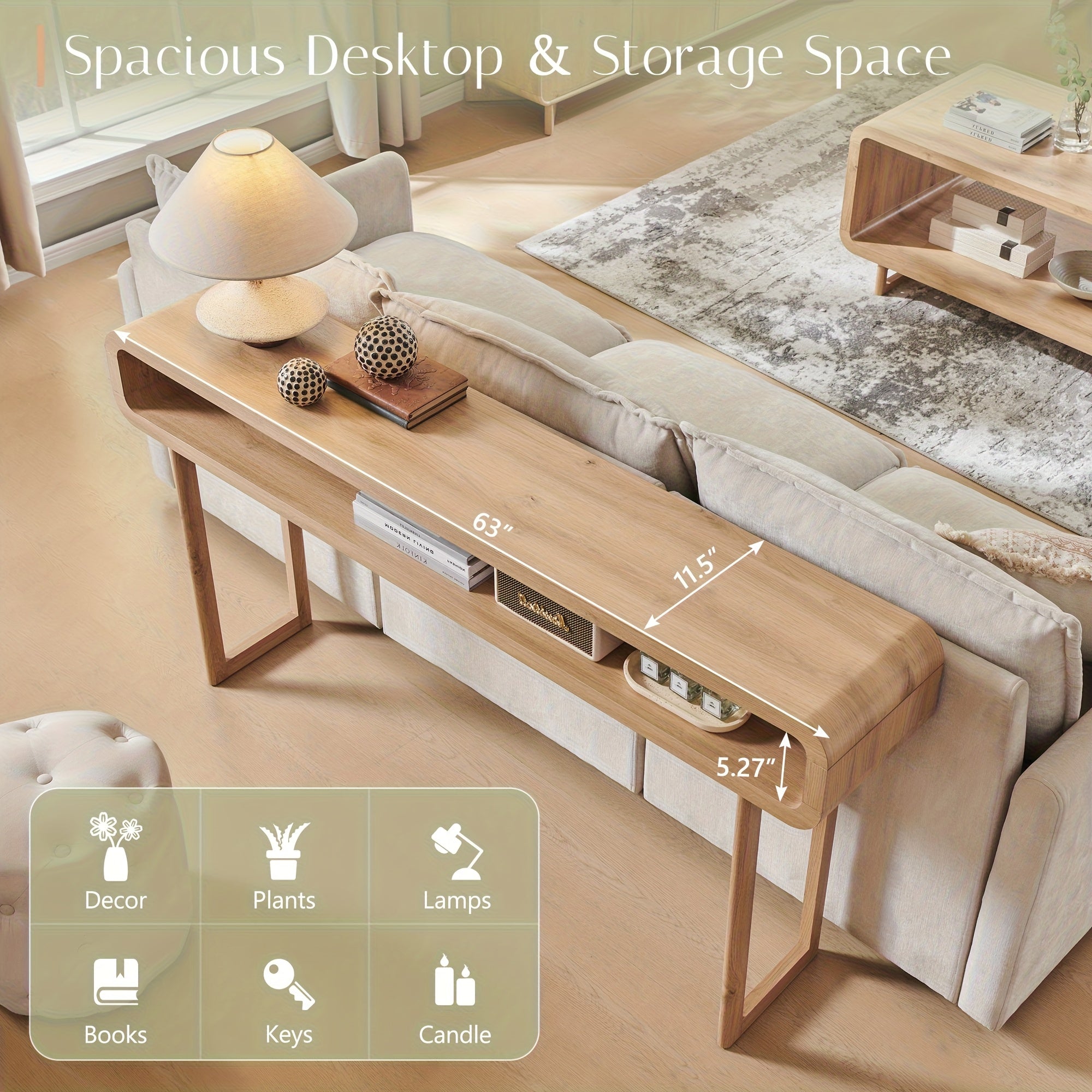 63-Inch Long Console Table, Modern Wooden Entryway Table with Open Storage Shelf and Curved Design - Suitable for Living Room, Hallway, and Foyer