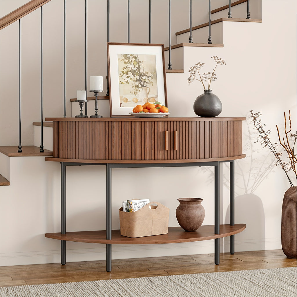 Half Fluted Console Table | Mid-Century Modern Style, Entryway Table with Storage, Behind Couch Table, Suitable for Entryway, Hallway, Living Room, Small Spaces, Walnut\u002FBlack, Made of Hardwood by PAZCASA