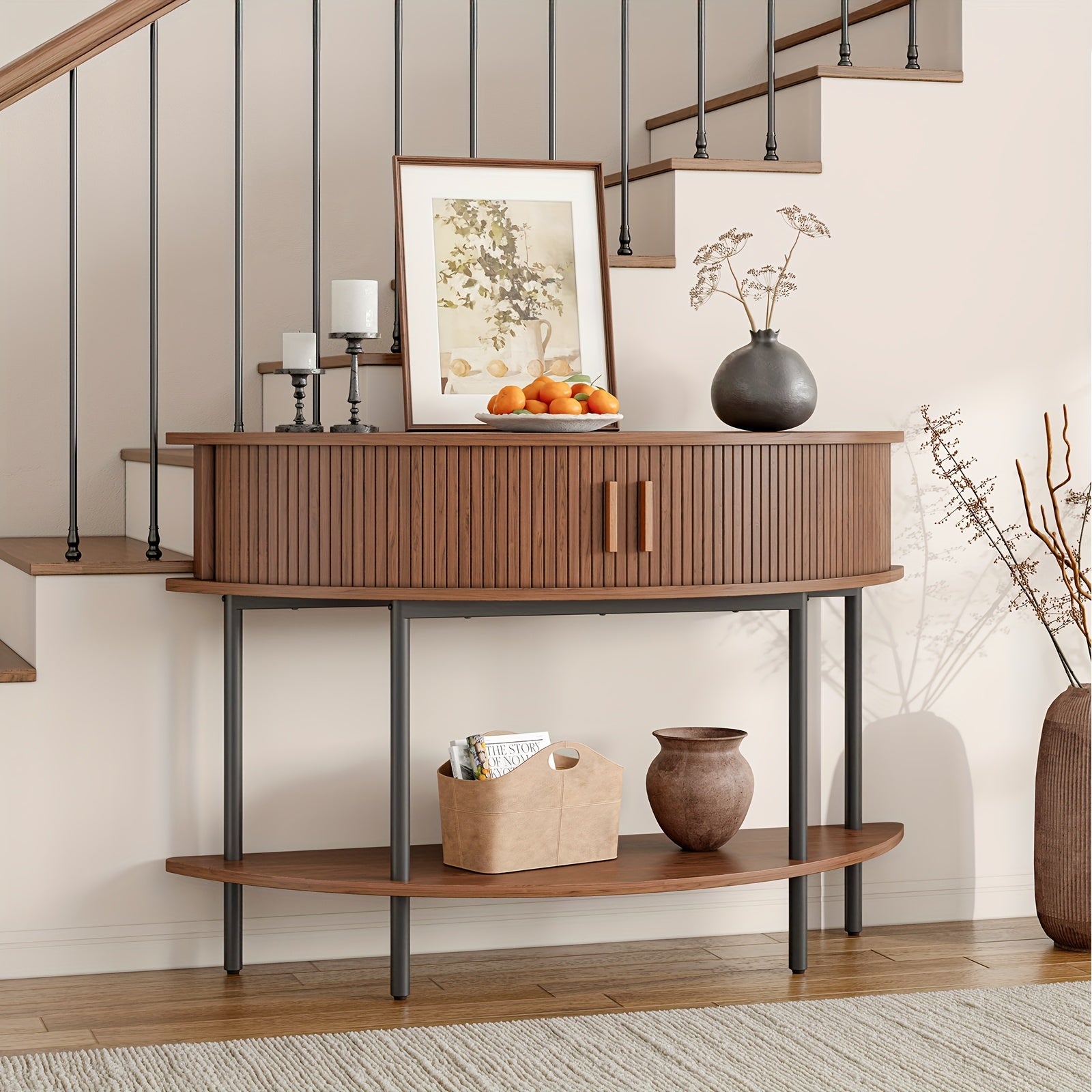 Half Fluted Console Table | Mid-Century Modern Style, Entryway Table with Storage, Behind Couch Table, Suitable for Entryway, Hallway, Living Room, Small Spaces, Walnut\u002FBlack, Made of Hardwood by PAZCASA