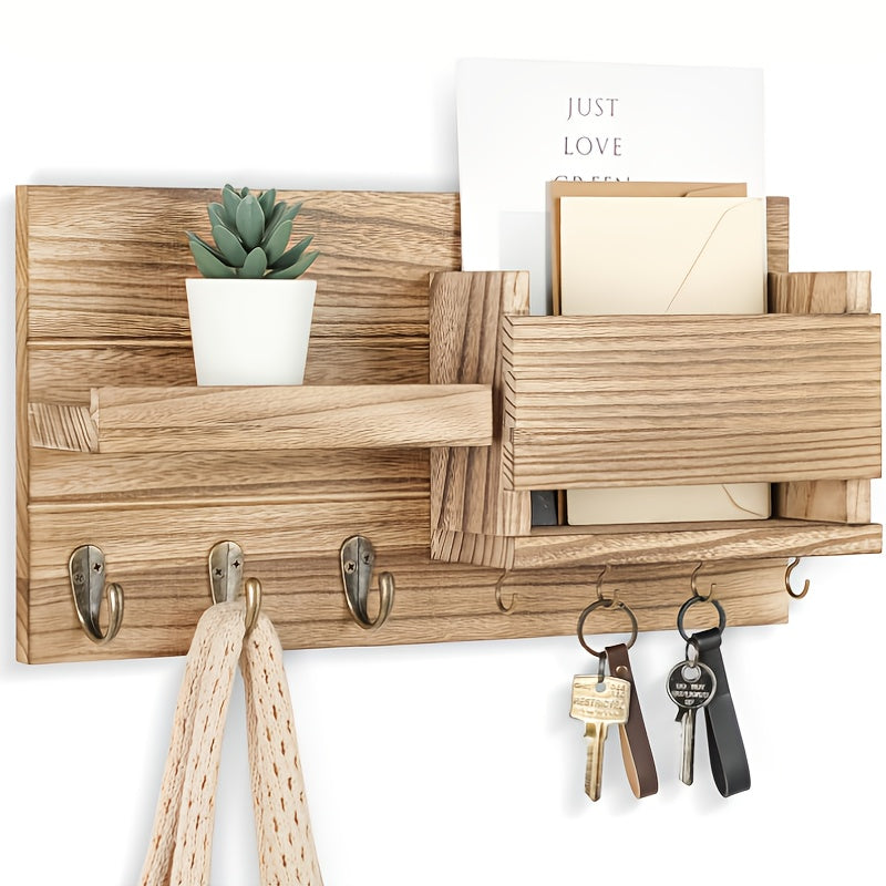 Rustic Wood Wall Mounted Storage Rack with Mailbox Slot - Door Handles And Decorative Hanging for Porch, Bedroom, Bathroom, Living Room with Multiple Hooks for Keys, Hats, Envelopes, Books, Floating Shelf