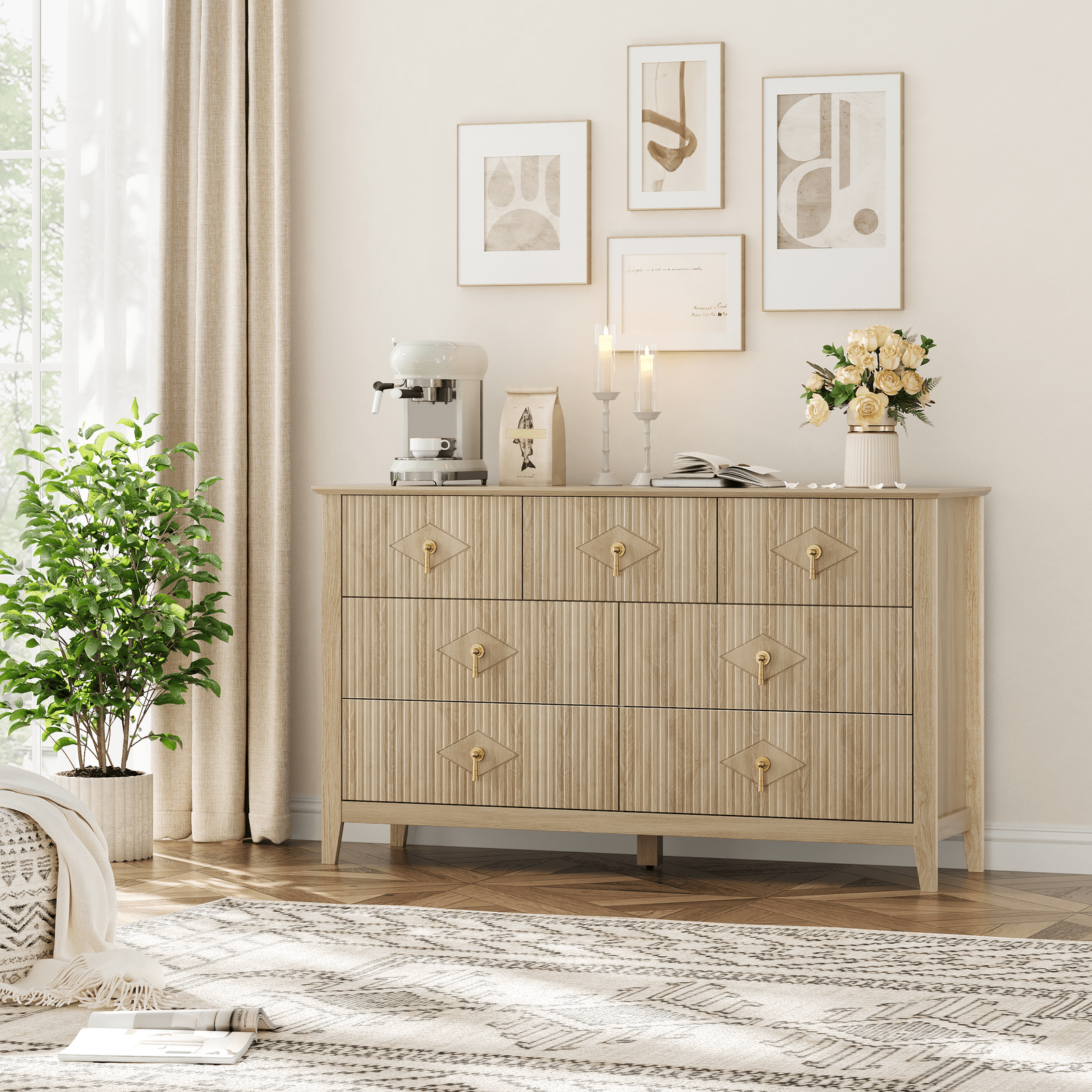 Storage Cabinets, Modern 7-Drawer Chest of Drawers with Metal Handles, 54-Inch Wide Wood Organizer Dresser for Bedroom, Living Room, and Hallway TV Stand Storage, Durable Storage Cabinet for Bedroom, or Entryway Home Decor Room Decor