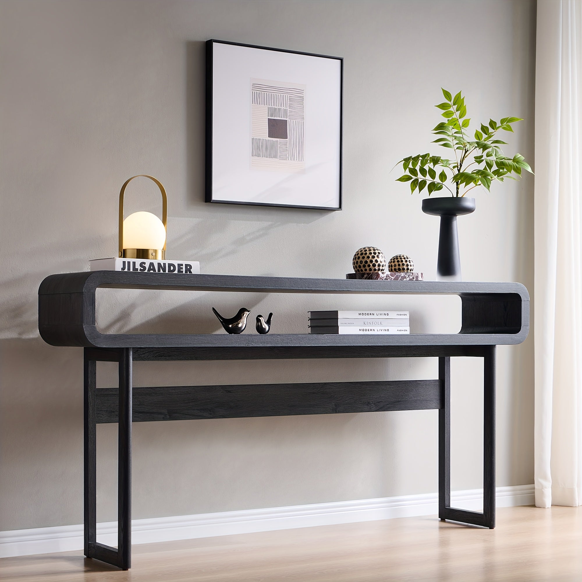 63-Inch Long Console Table, Modern Wooden Entryway Table with Open Storage Shelf and Curved Design - Suitable for Living Room, Hallway, and Foyer