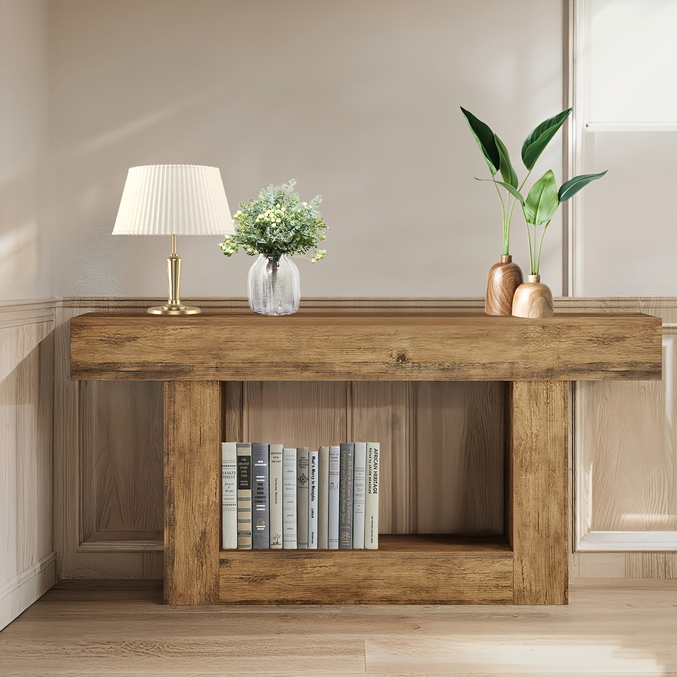 Country Farmhouse Console Table with U-Shaped Base, Durable MDF Construction, Decorated Off Shelf, Ideal for Living Rooms, Corridors Or Foyers, Corridor Storage | Rustic Charm