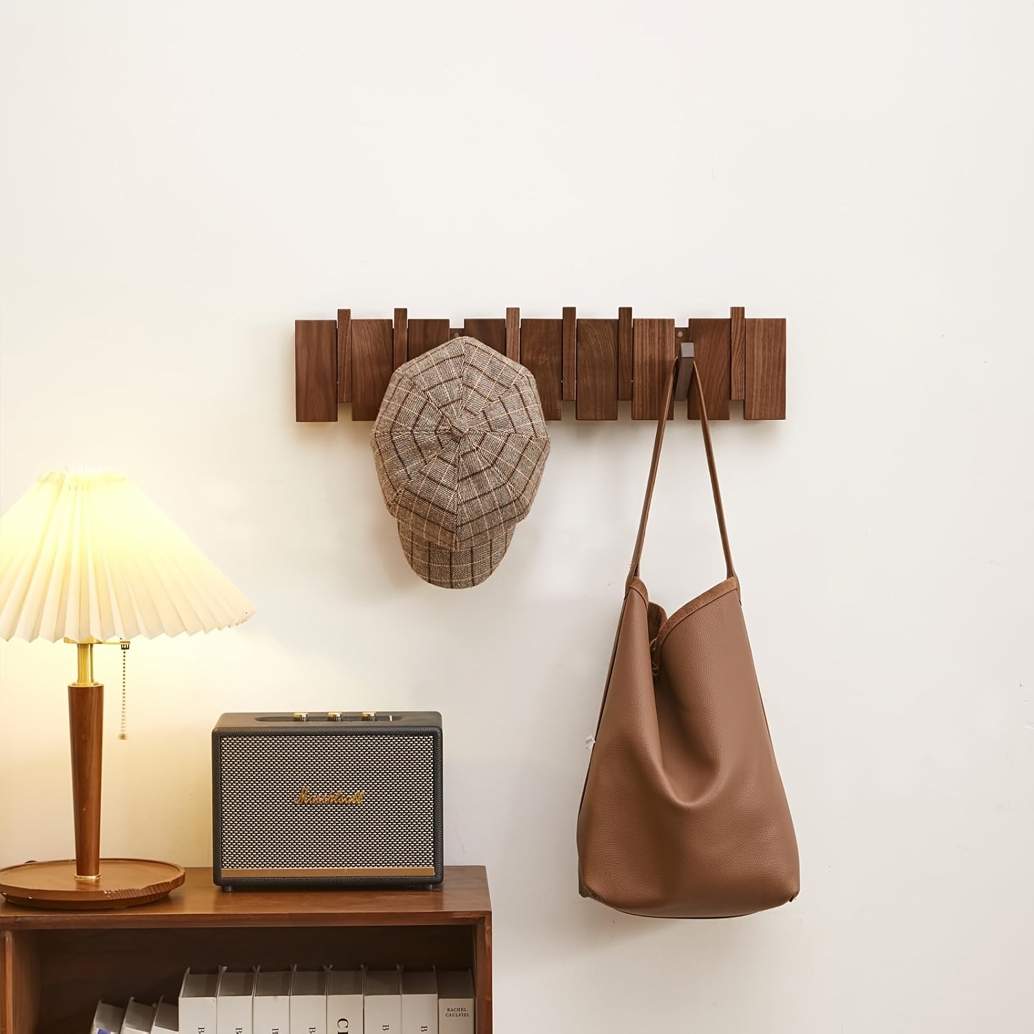 Modern Walnut Wooden, with 4\u002F6\u002F8\u002F10\u002F12 Hooks, Coat Rack, Hooks, Wall Mounted, Accordion, Entryway, Bedroom, Bathroom, Solid Wood, Smooth Polishing, Stable Adhere, Holds 22 Lbs, Floating Shelves