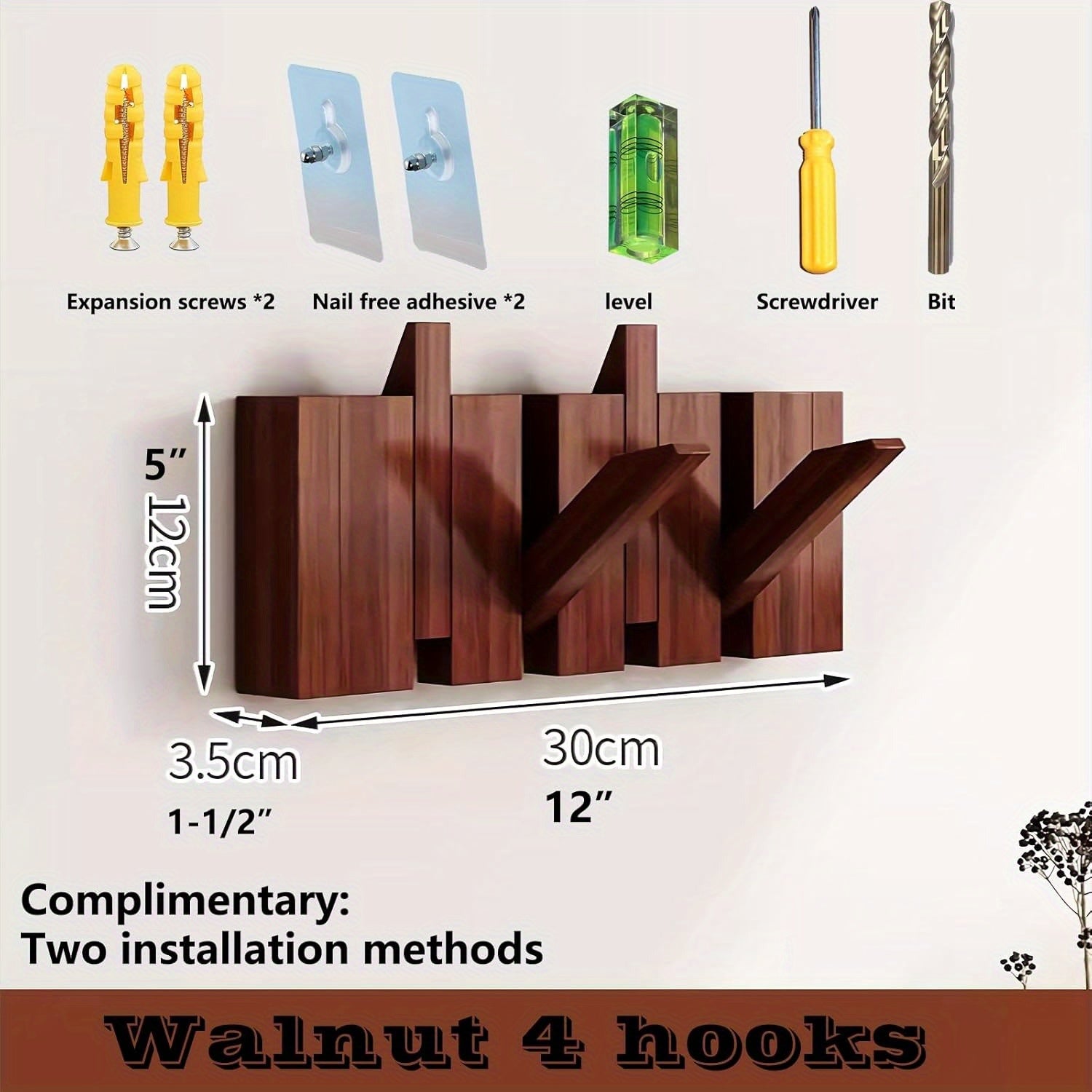 Modern Walnut Wooden, with 4\u002F6\u002F8\u002F10\u002F12 Hooks, Coat Rack, Hooks, Wall Mounted, Accordion, Entryway, Bedroom, Bathroom, Solid Wood, Smooth Polishing, Stable Adhere, Holds 22 Lbs, Floating Shelves