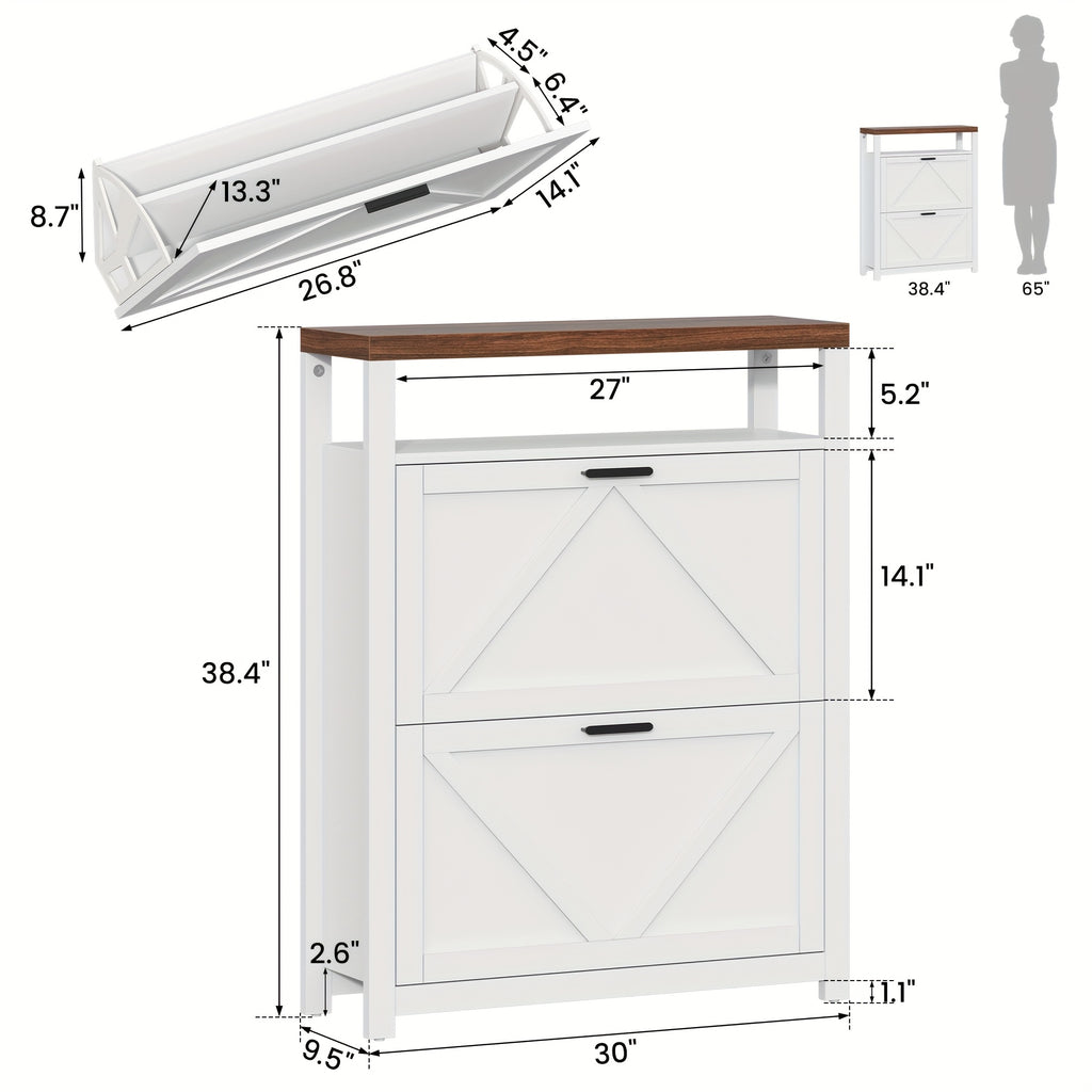 Shoe Cabinet with 2 Flip Drawers, Freestanding Shoe Cabinet Organizer with Metal Legs, Shoes Storage Cabinet for Entryway, Narrow Shoe Rack Cabinet, White