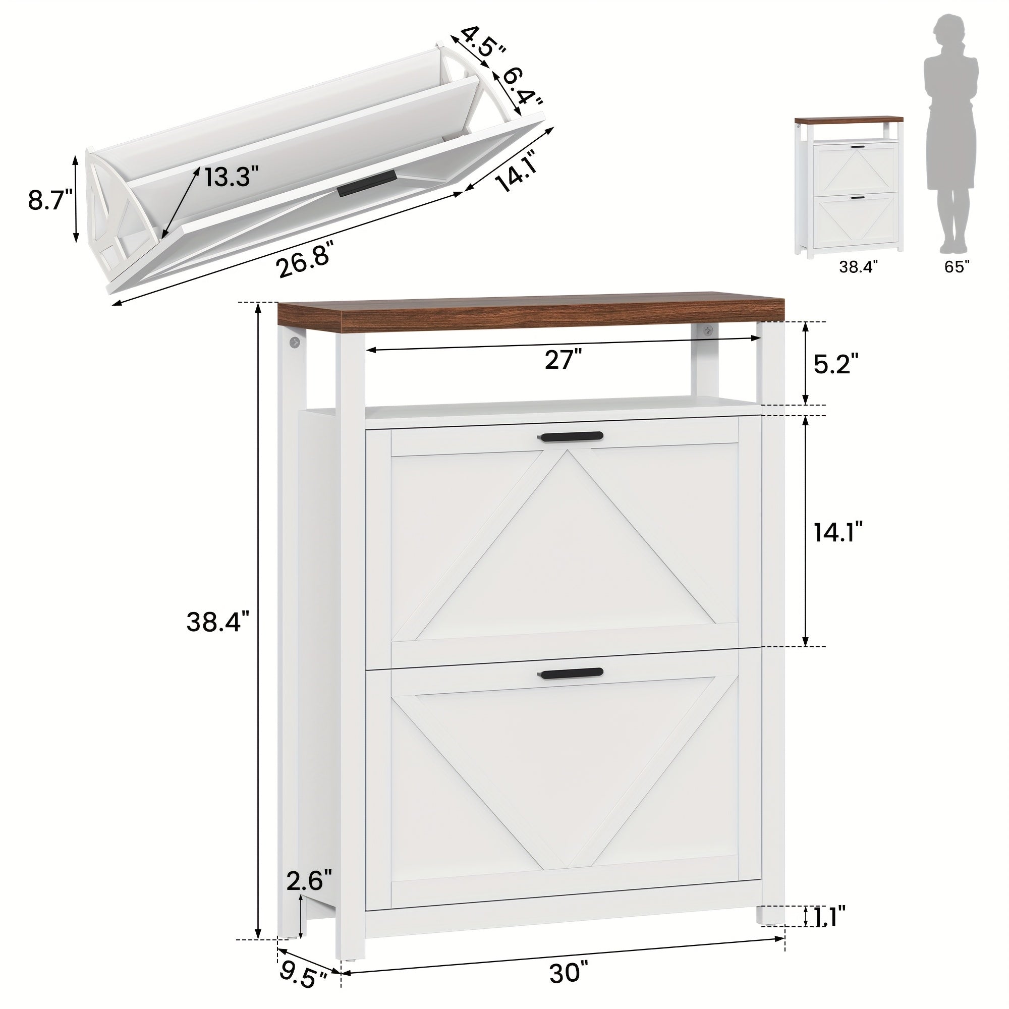 Shoe Cabinet with 2 Flip Drawers, Freestanding Shoe Cabinet Organizer with Metal Legs, Shoes Storage Cabinet for Entryway, Narrow Shoe Rack Cabinet, White