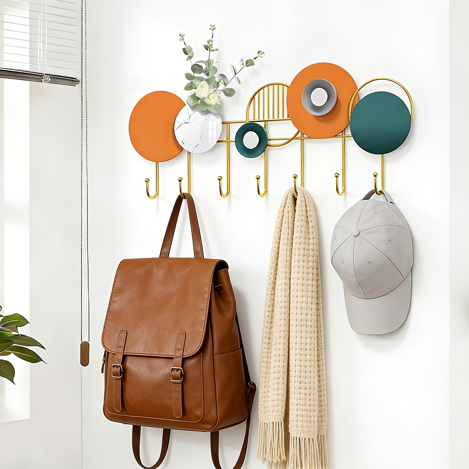 Geometric Colorful Wall Coat Rack with Metal Hooks - Entryway & Living Room Decorative Storage Organizer, Multifunctional Stylish Wall Hanger for Coats, Scarves, Bags- Thanksgiving, Valentine's Day, Cinco De Mayo with Flowers