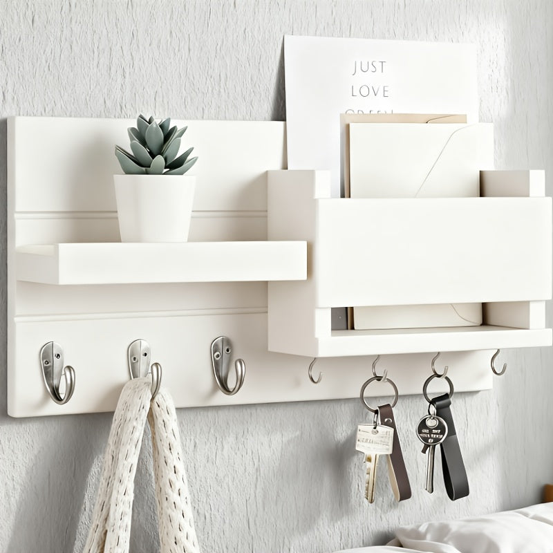 Rustic Wood Wall Mounted Storage Rack with Mailbox Slot - Door Handles And Decorative Hanging for Porch, Bedroom, Bathroom, Living Room with Multiple Hooks for Keys, Hats, Envelopes, Books, Floating Shelf
