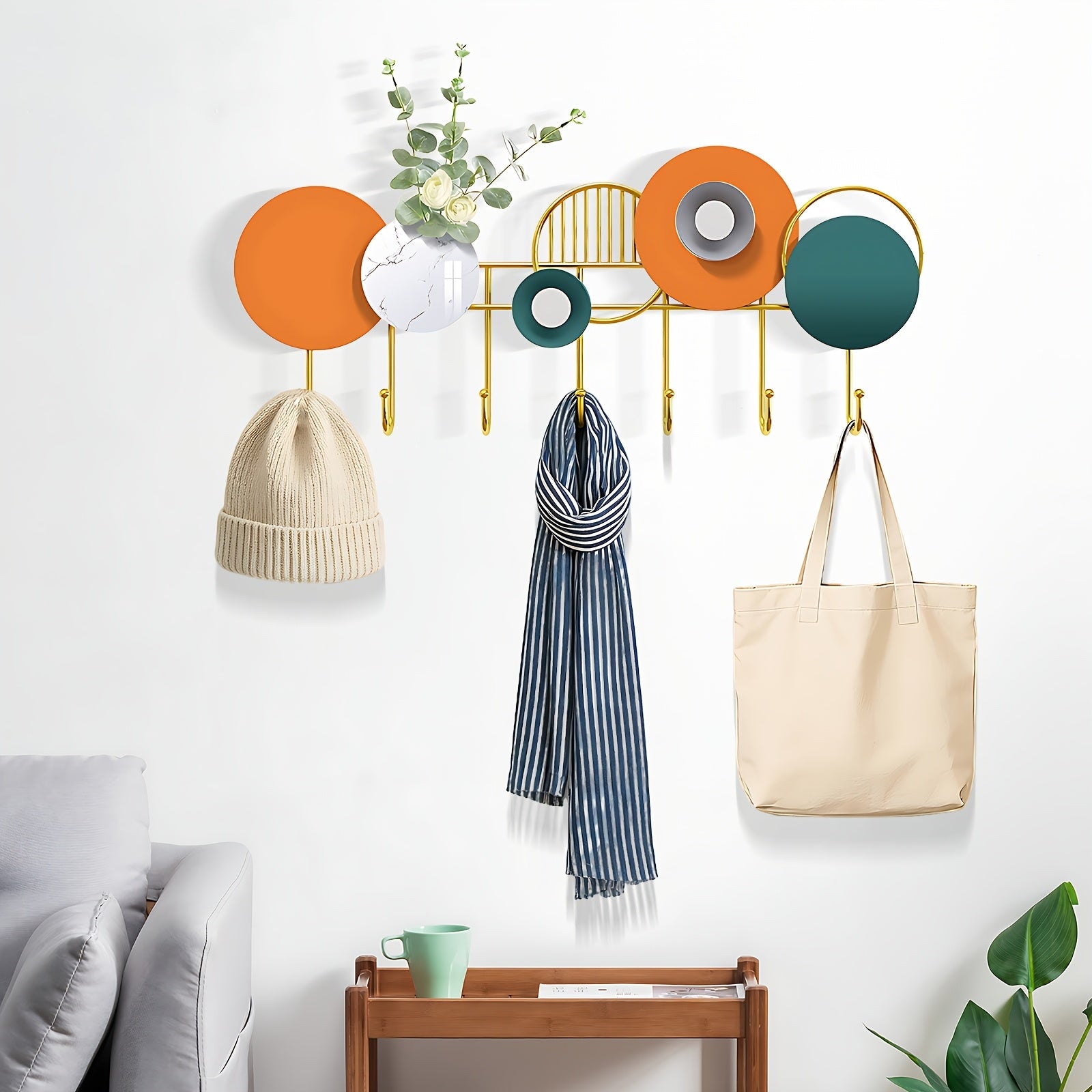 Geometric Colorful Wall Coat Rack with Metal Hooks - Entryway & Living Room Decorative Storage Organizer, Multifunctional Stylish Wall Hanger for Coats, Scarves, Bags- Thanksgiving, Valentine's Day, Cinco De Mayo with Flowers