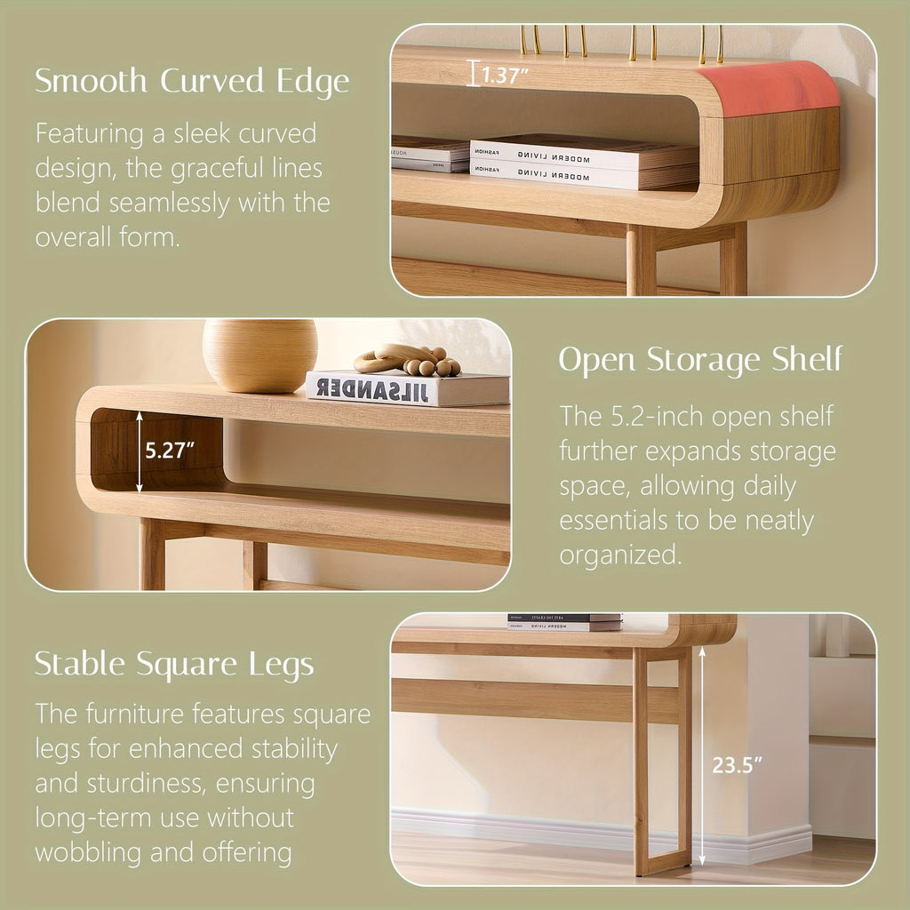 63-Inch Long Console Table, Modern Wooden Entryway Table with Open Storage Shelf and Curved Design - Suitable for Living Room, Hallway, and Foyer