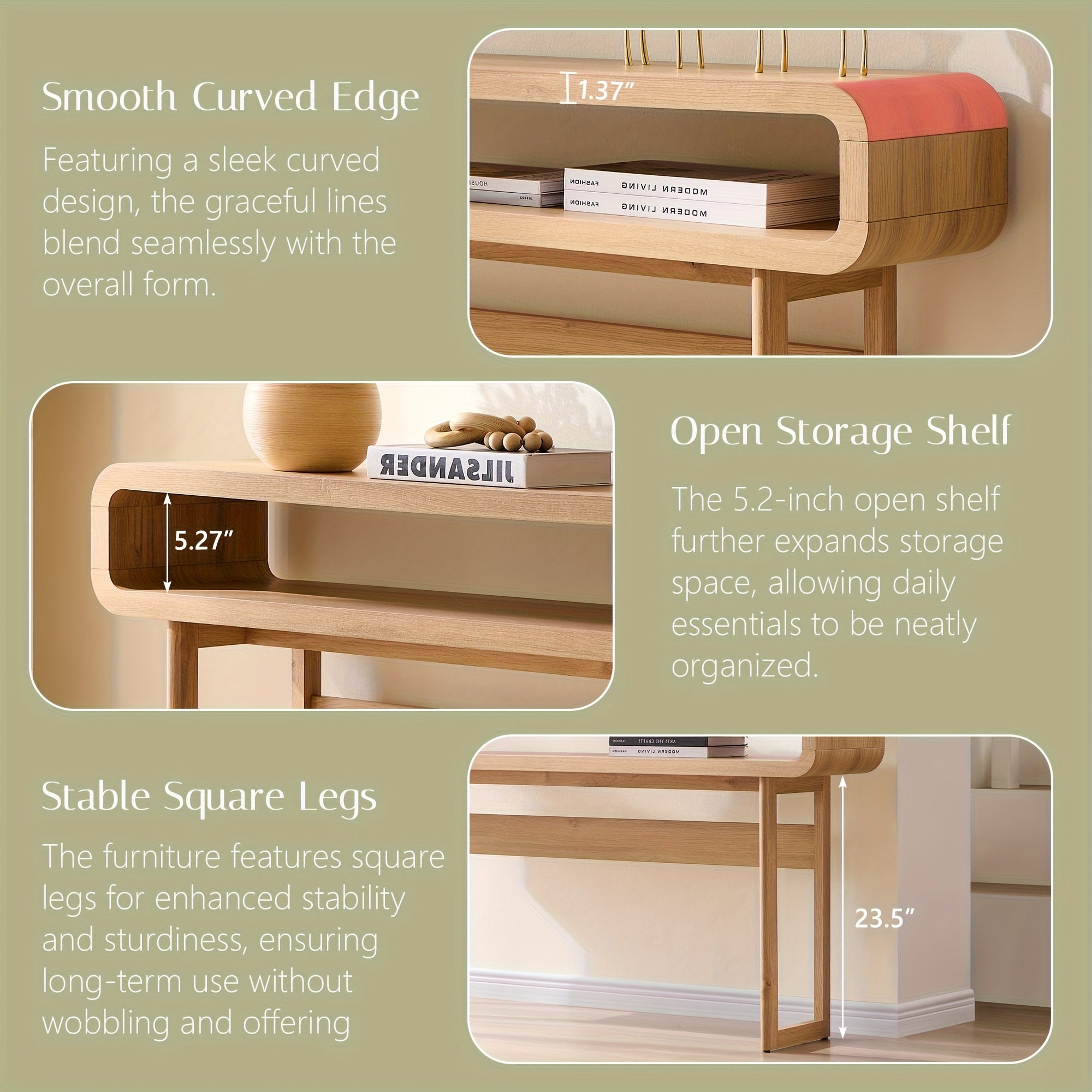 63-Inch Long Console Table, Modern Wooden Entryway Table with Open Storage Shelf and Curved Design - Suitable for Living Room, Hallway, and Foyer