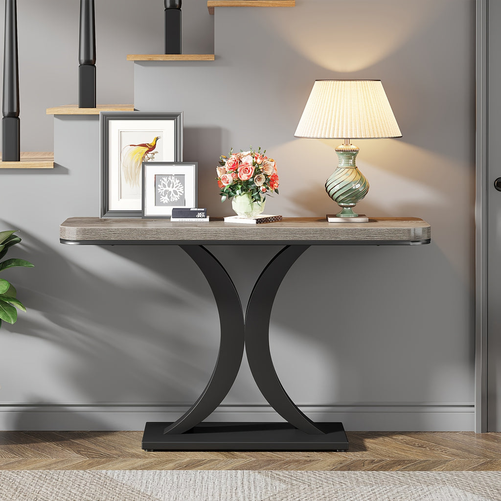 Industrial Console Table Sofa Table, 40 Inch Narrow Entryway Foyer Table With Geometric Base, Rustic Hallway Accent Table For Living Room, Entrance, Small Space, Gray And Black, Christmas Renewals