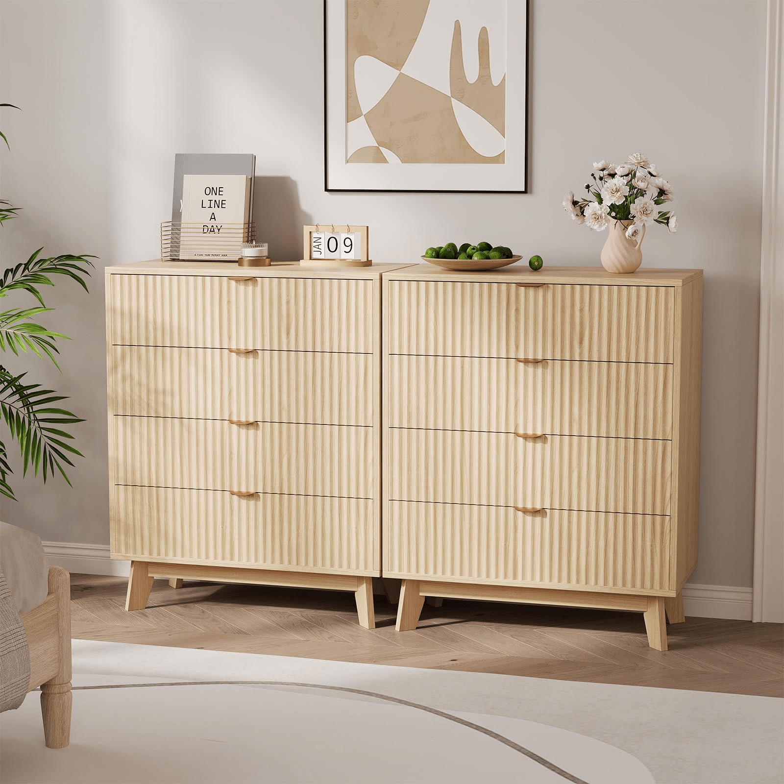 Storage Cabinets, Mid Century Modern 4 Drawer Dresser Set of 2 with Waveform Fluted Side Table, 32 Inch Tall Natural Oak Finish, Wood Drawer Organizer for Bedroom, Living Room, Hallway, Durable Storage Cabinet for Bedroom, Living Room, or Entryway