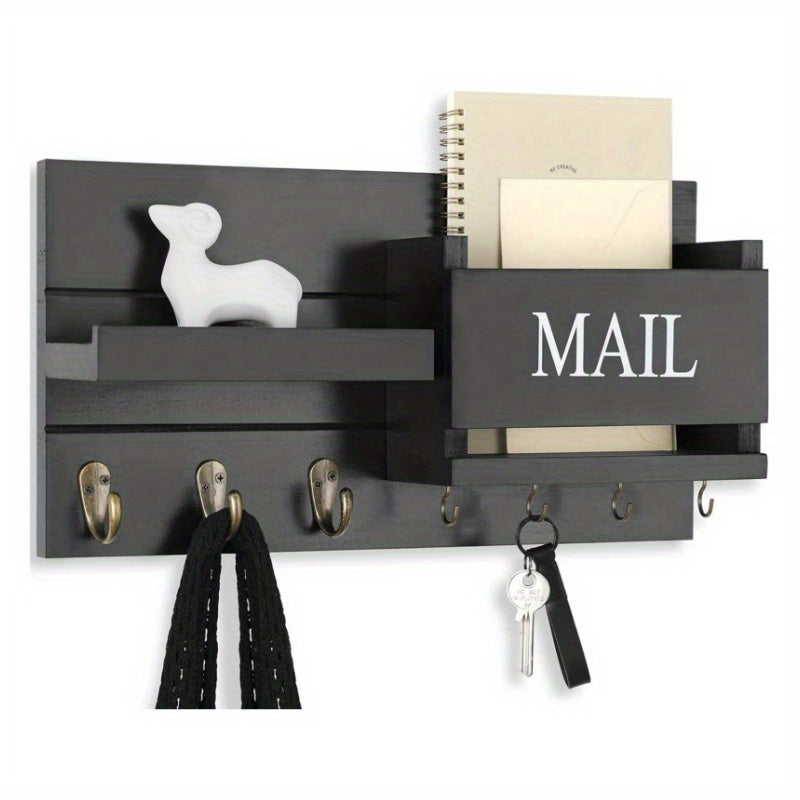 A Wooden Wall-Mounted Key Holder with a Mail Storage Box, Storage Rack, Wall Rack, Wall-Hanging Coat Hook, Folding Hanging Storage Rack, Solid Wood Clothes Hanger, Coat Rack, Bedroom, Foyer, Mud Room, Aesthetic Room Decoration