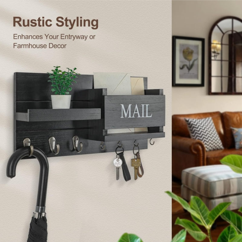 A Wooden Wall-Mounted Key Holder with a Mail Storage Box, Storage Rack, Wall Rack, Wall-Hanging Coat Hook, Folding Hanging Storage Rack, Solid Wood Clothes Hanger, Coat Rack, Bedroom, Foyer, Mud Room, Aesthetic Room Decoration