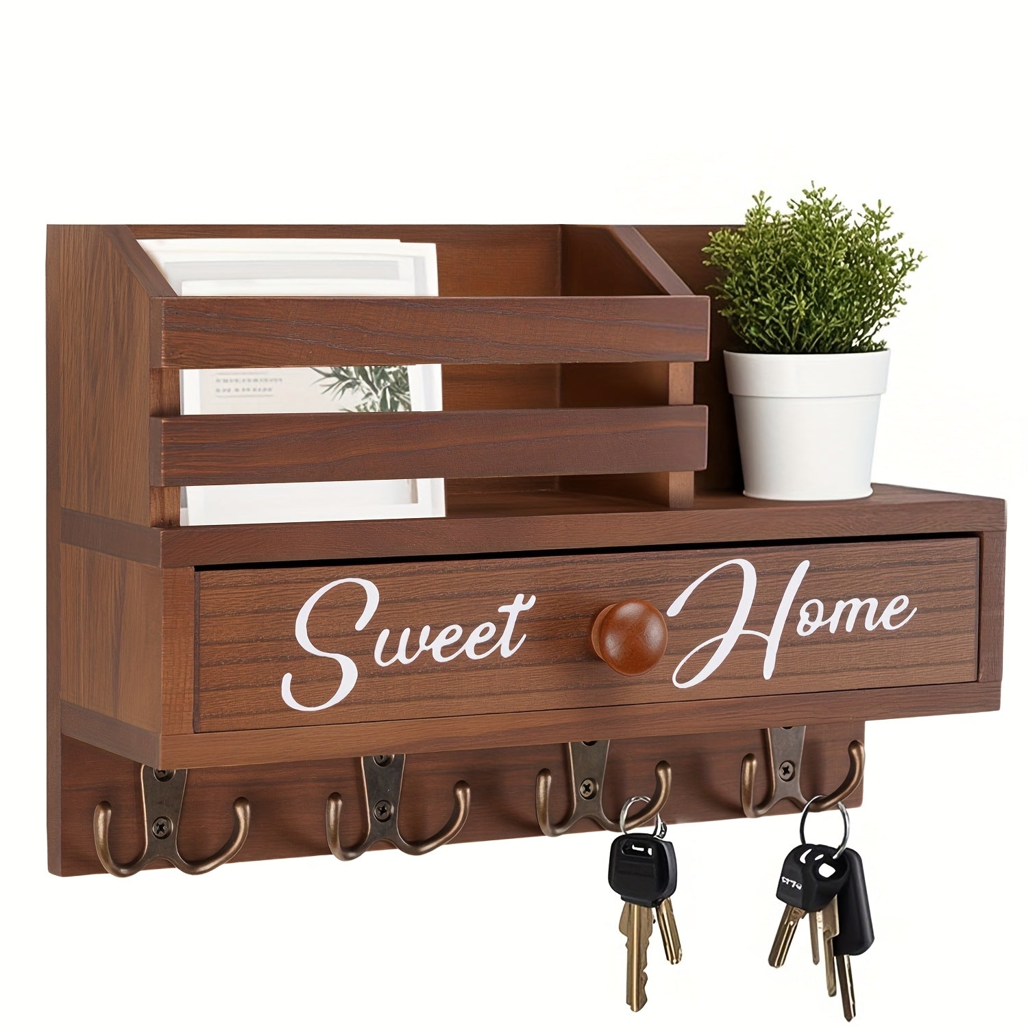 Key And Mail Holder Wall Mount with 8 Hooks & Storage Drawer - Wooden Adhesive Organizer for Entryway, Kitchen, Hallway, Garage, Mudroom, Office - Easy Installation Home Decor