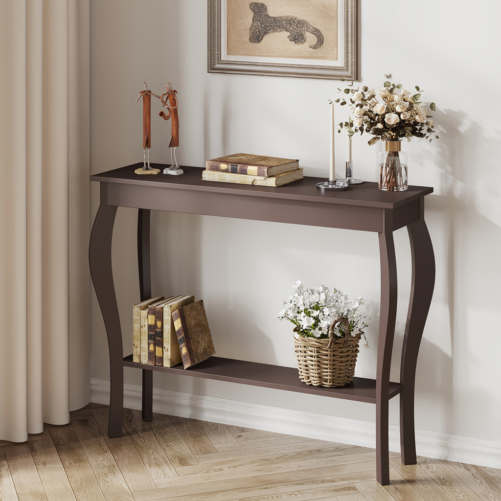 Farmhouse Console Sofa Table With S-Shape Wooden Legs, Chic Accent Narrow Console Table With Sturdy Frame And Open Shelf For Entryway, Living Room And Hallway, Space-Saving Design, Versatile And Easy To Assemble