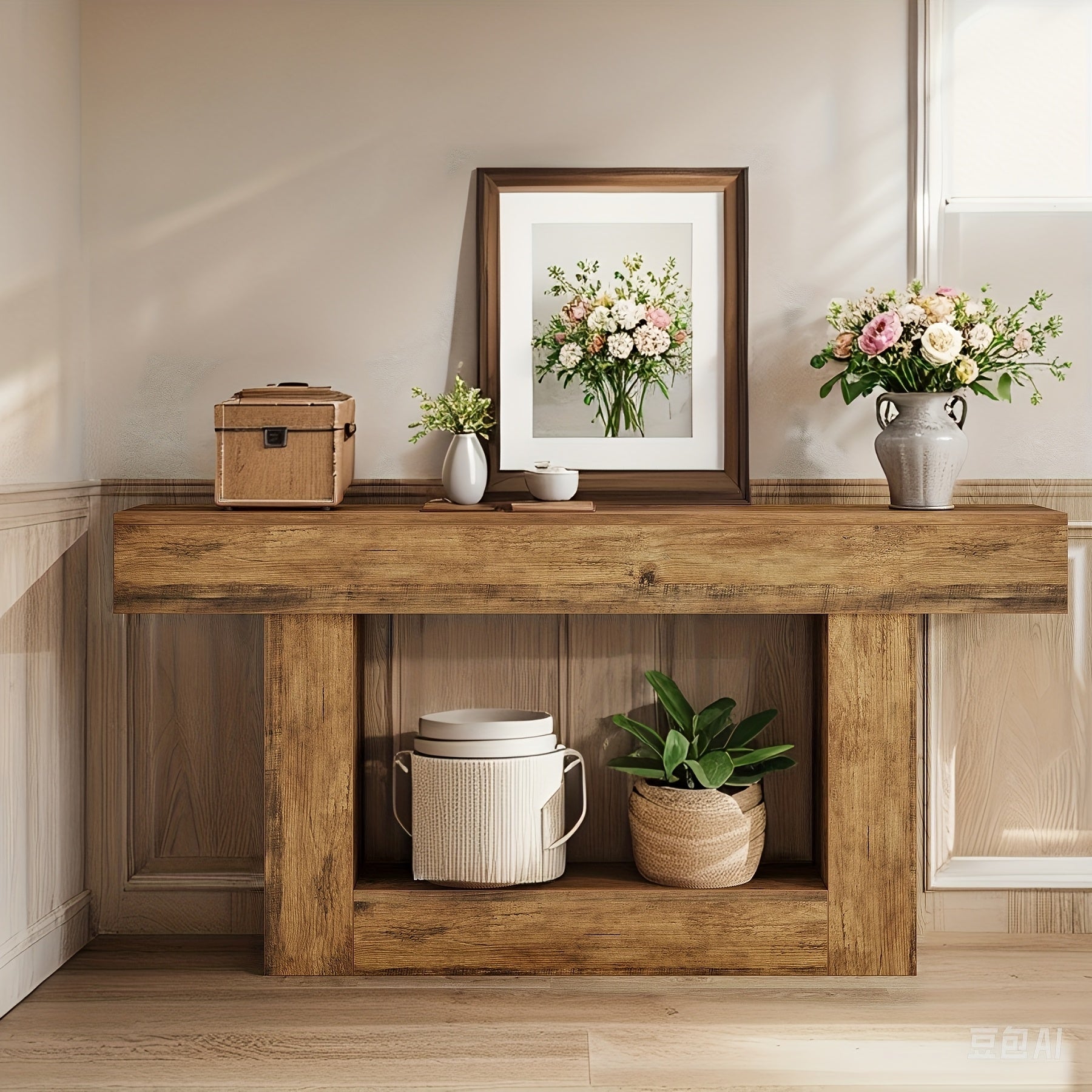 Country Farmhouse Console Table with U-Shaped Base, Durable MDF Construction, Decorated Off Shelf, Ideal for Living Rooms, Corridors Or Foyers, Corridor Storage | Rustic Charm
