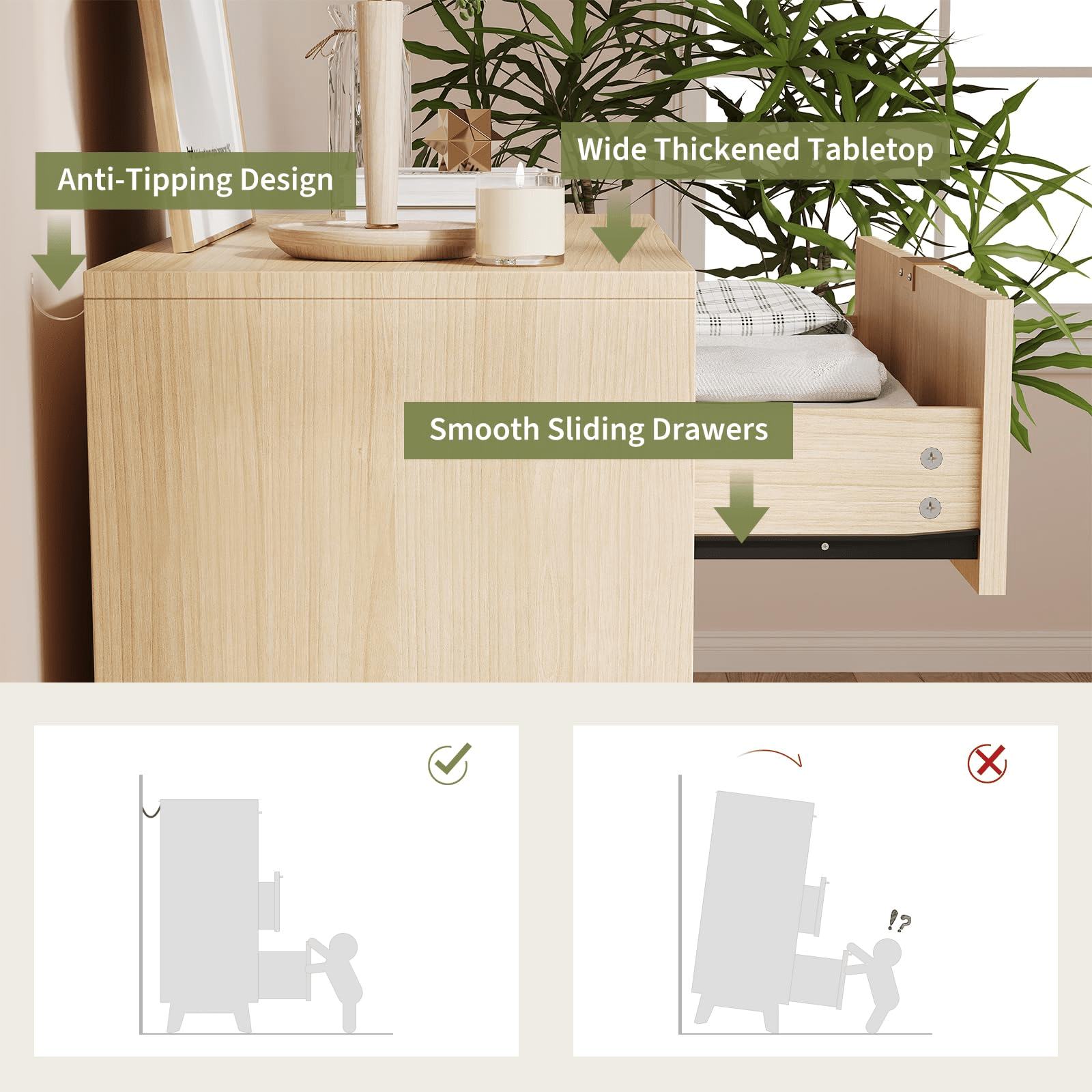 Storage Cabinets, Mid Century Modern 4 Drawer Dresser Set of 2 with Waveform Fluted Side Table, 32 Inch Tall Natural Oak Finish, Wood Drawer Organizer for Bedroom, Living Room, Hallway, Durable Storage Cabinet for Bedroom, Living Room, or Entryway