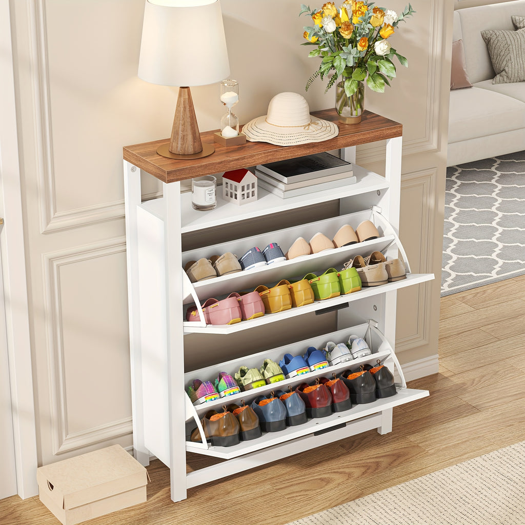 Shoe Cabinet with 2 Flip Drawers, Freestanding Shoe Cabinet Organizer with Metal Legs, Shoes Storage Cabinet for Entryway, Narrow Shoe Rack Cabinet, White
