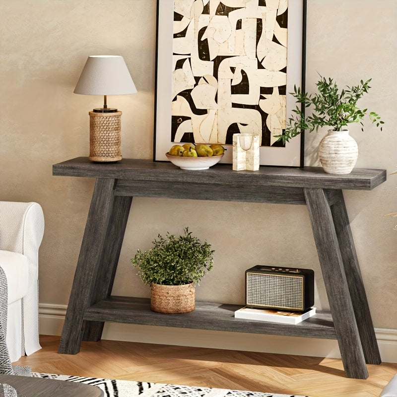 55 Inch Farmhouse Console Entrance Table Solid Wood 2 Tier Narrow Sofa Table for Living Room Dining Hallway, Perfect for Country Entrance Table in Living Room