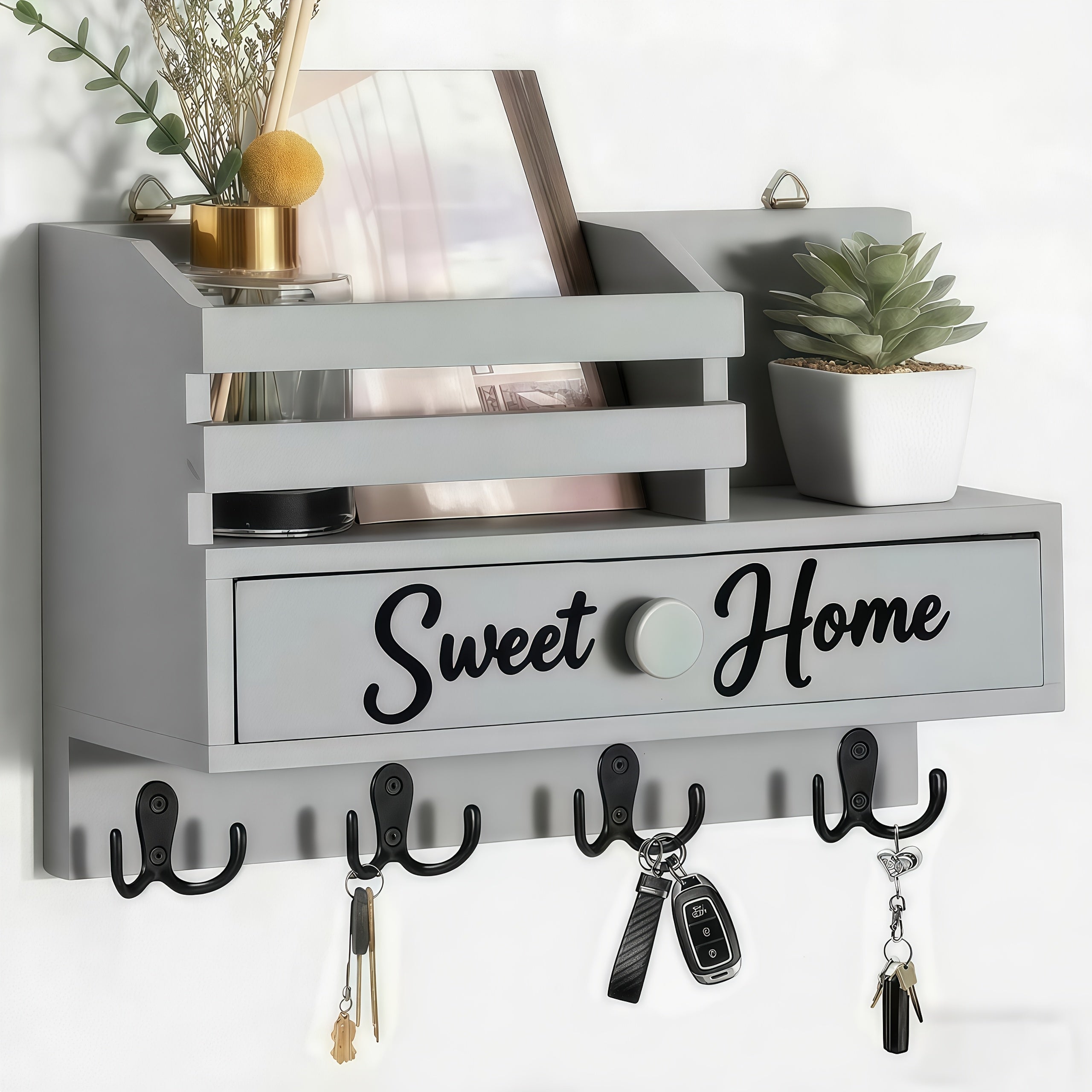Key And Mail Holder Wall Mount with 8 Hooks & Storage Drawer - Wooden Adhesive Organizer for Entryway, Kitchen, Hallway, Garage, Mudroom, Office - Easy Installation Home Decor