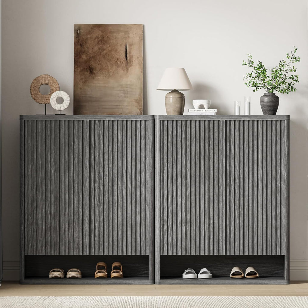 63 Inch Shoe Cabinet, Large Shoe Storage Cabinet with Adjustable Shelves, Shoe Organizer with Fluted Door Holds 50–60 Pairs for Entryway & Living Room, Grey (2 PCS)