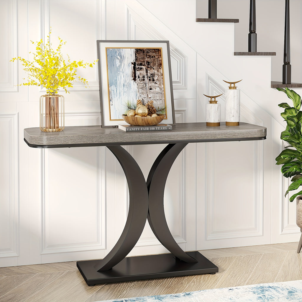 Industrial Console Table Sofa Table, 40 Inch Narrow Entryway Foyer Table With Geometric Base, Rustic Hallway Accent Table For Living Room, Entrance, Small Space, Gray And Black, Christmas Renewals