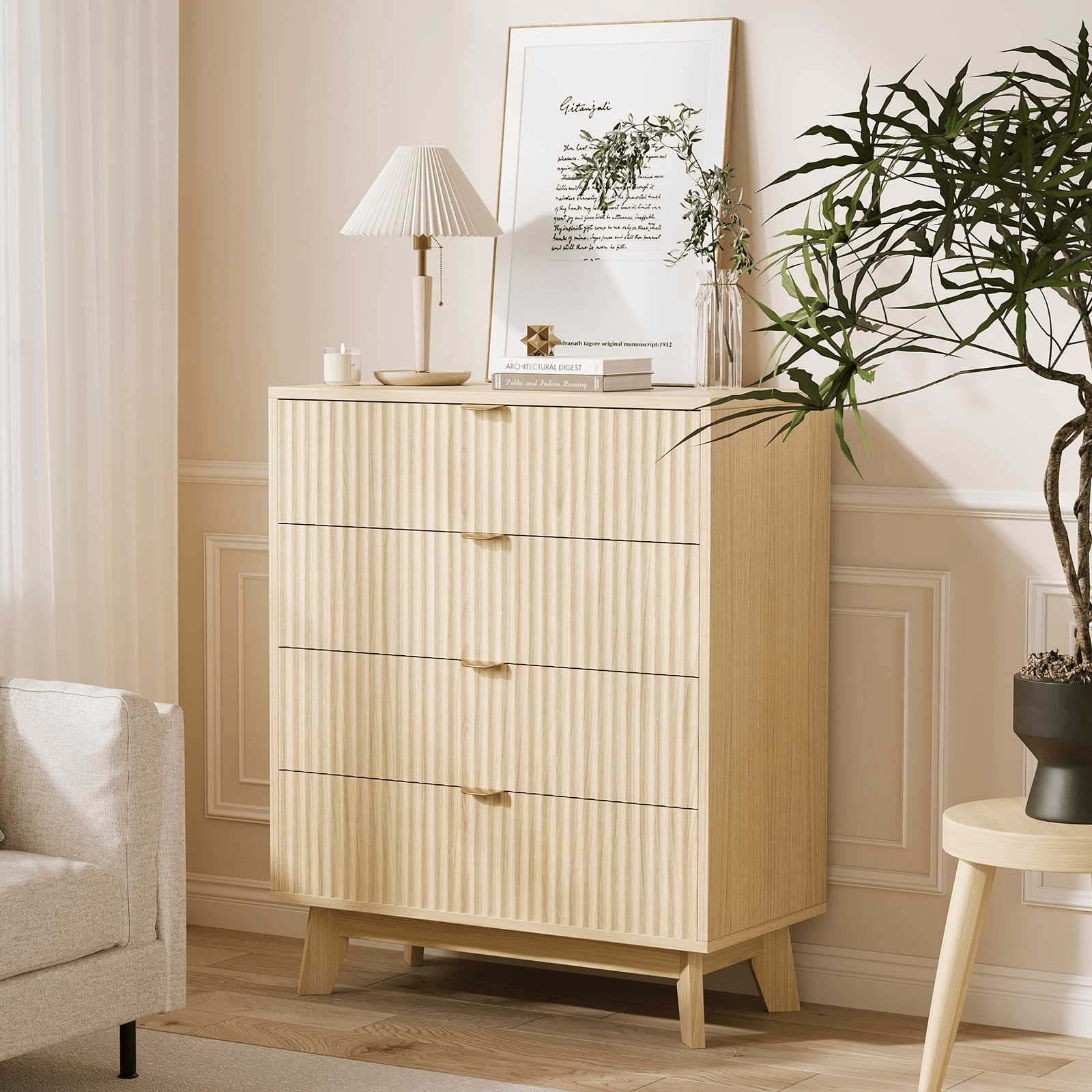 Storage Cabinets, Mid Century Modern 4 Drawer Dresser Set of 2 with Waveform Fluted Side Table, 32 Inch Tall Natural Oak Finish, Wood Drawer Organizer for Bedroom, Living Room, Hallway, Durable Storage Cabinet for Bedroom, Living Room, or Entryway
