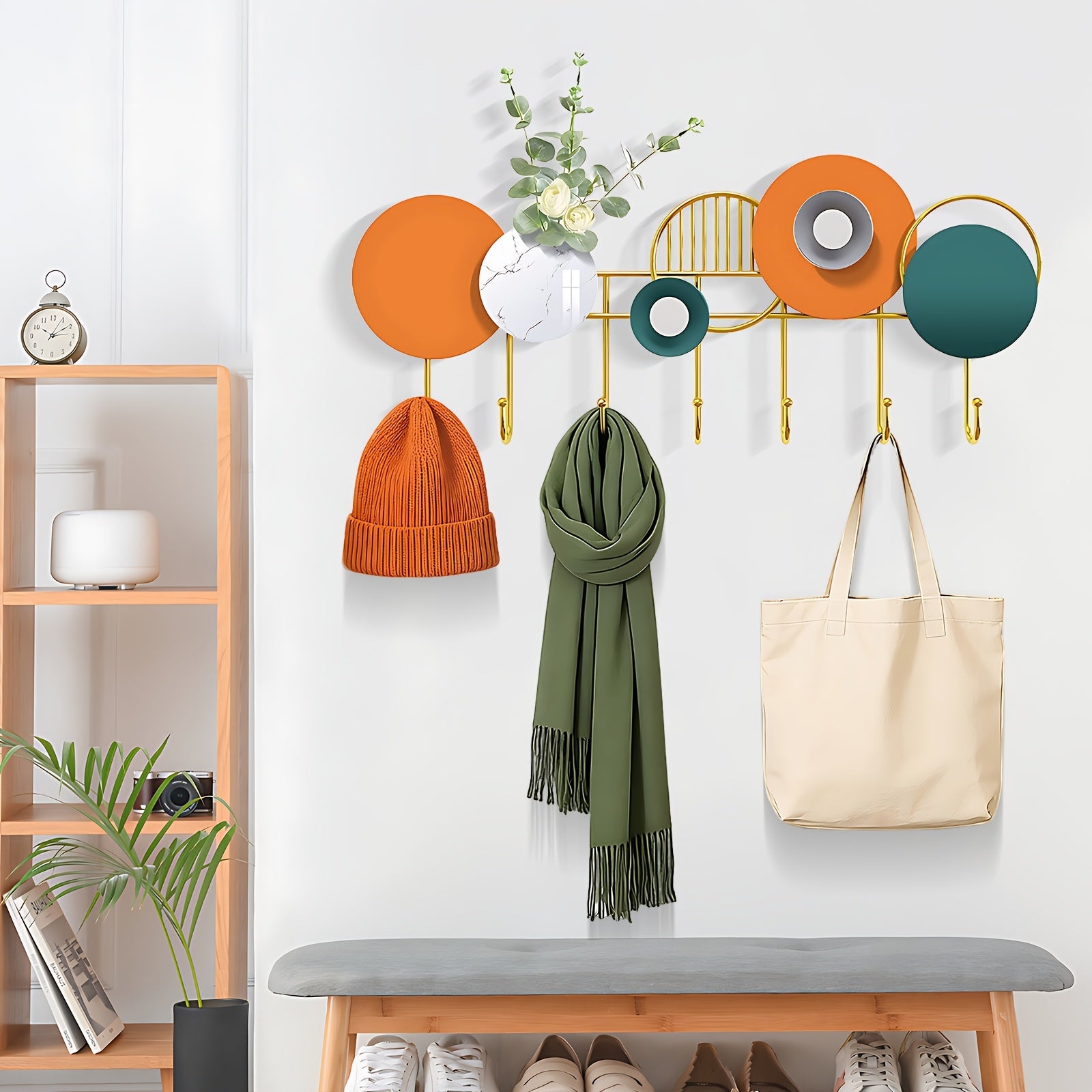 Geometric Colorful Wall Coat Rack with Metal Hooks - Entryway & Living Room Decorative Storage Organizer, Multifunctional Stylish Wall Hanger for Coats, Scarves, Bags- Thanksgiving, Valentine's Day, Cinco De Mayo with Flowers