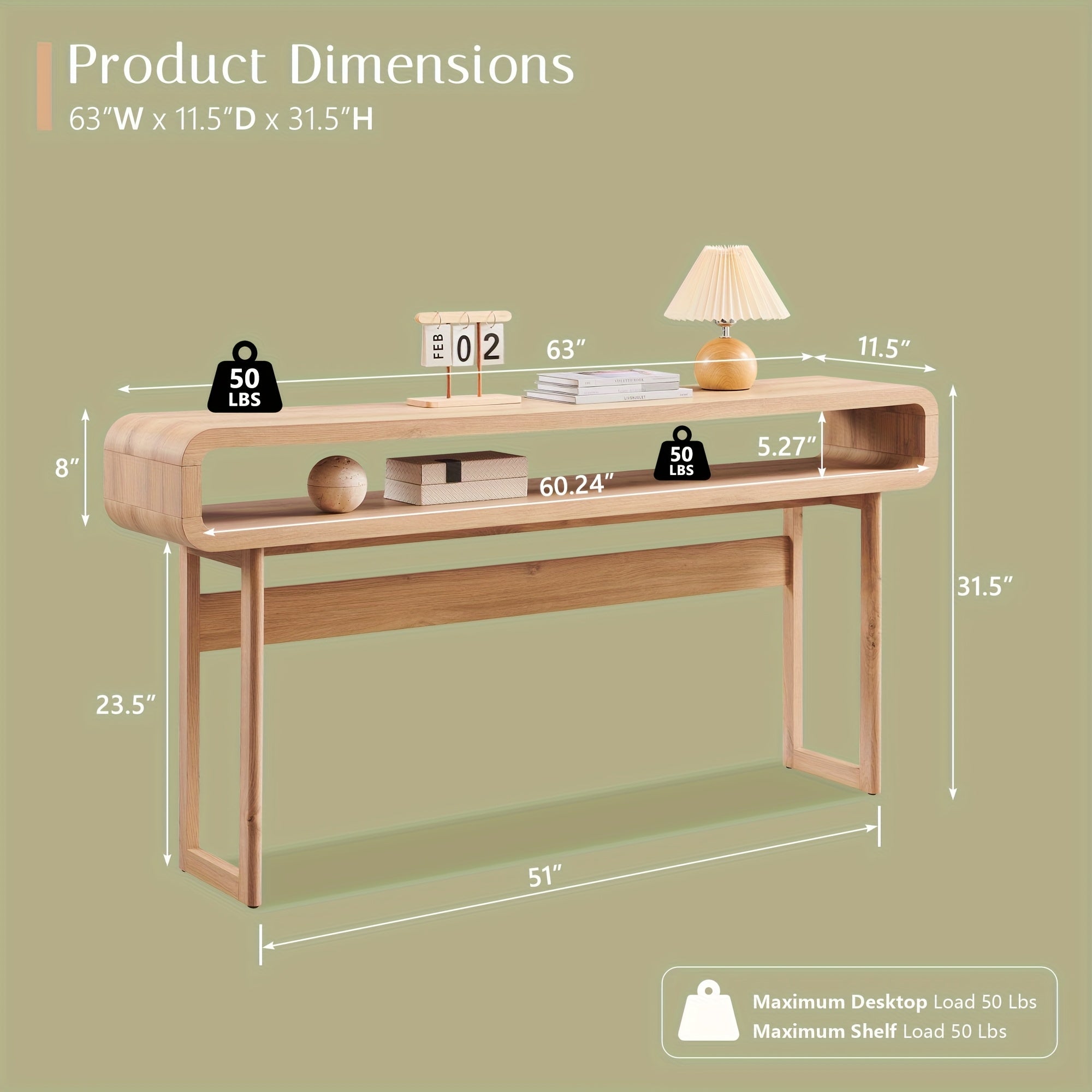 63-Inch Long Console Table, Modern Wooden Entryway Table with Open Storage Shelf and Curved Design - Suitable for Living Room, Hallway, and Foyer