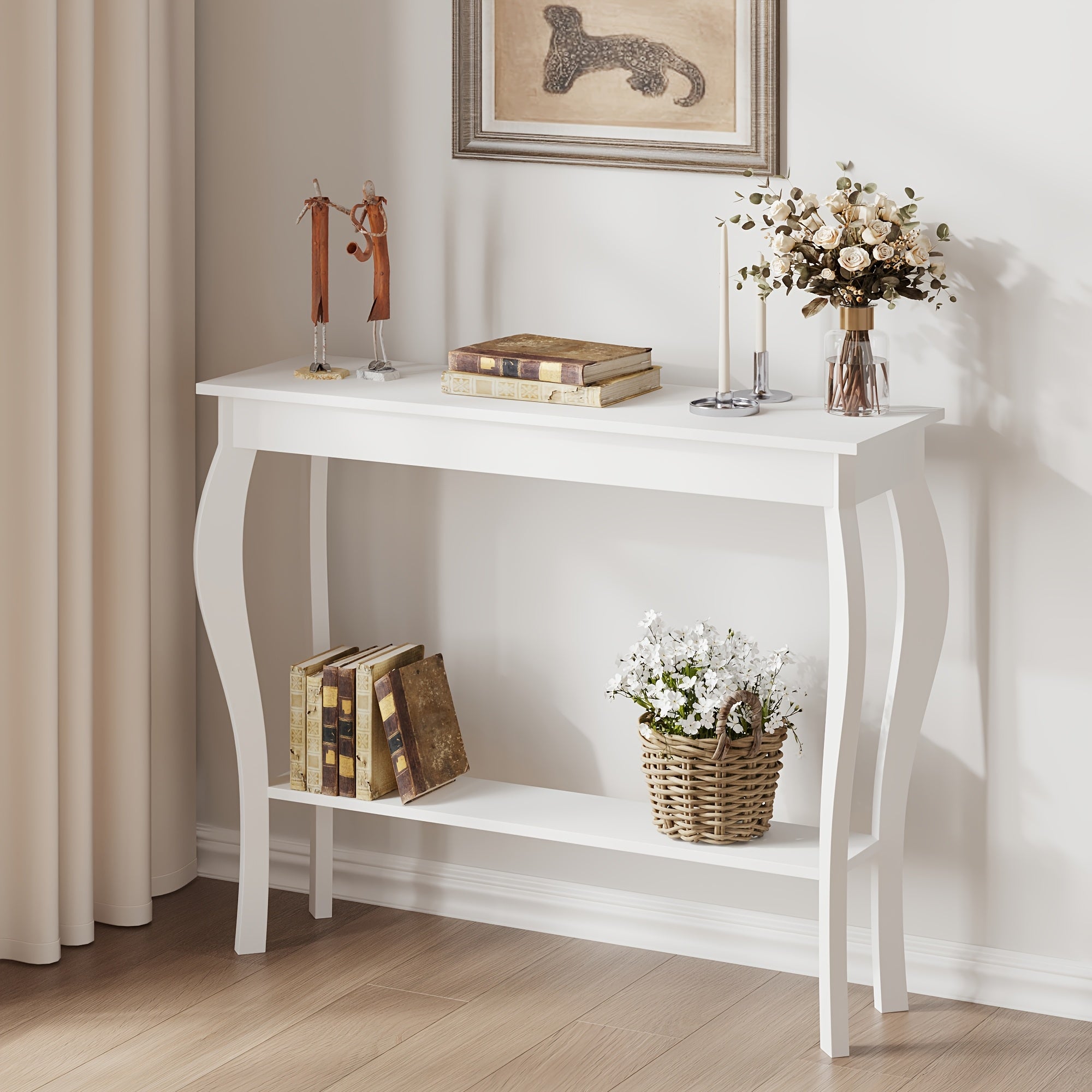 Farmhouse Console Sofa Table With S-Shape Wooden Legs, Chic Accent Narrow Console Table With Sturdy Frame And Open Shelf For Entryway, Living Room And Hallway, Space-Saving Design, Versatile And Easy To Assemble